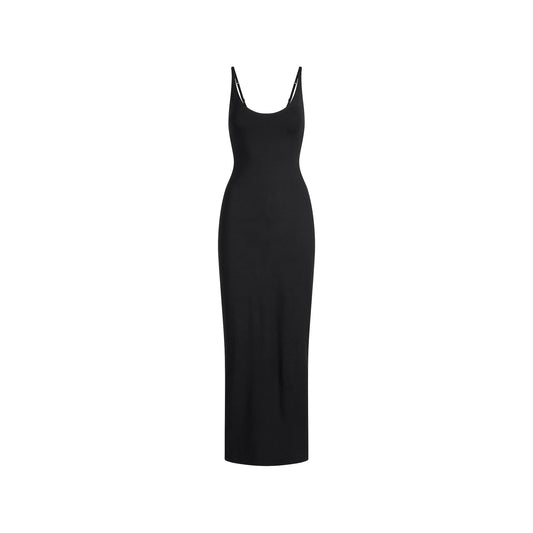 SMOOTH LAYERS SCOOP NECK LONG DRESS | OBSIDIAN