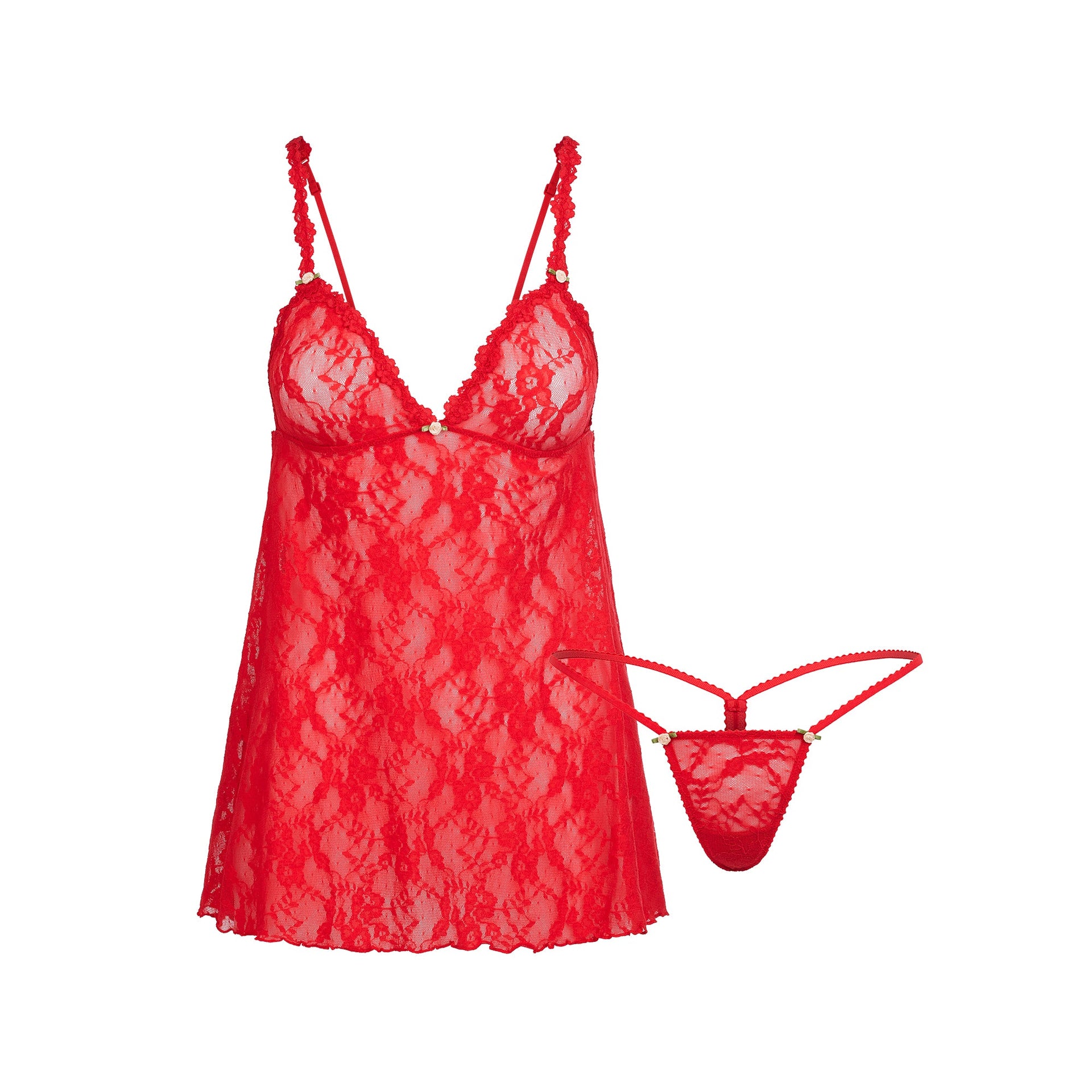 STRETCH LACE SLIP AND THONG SET | RED