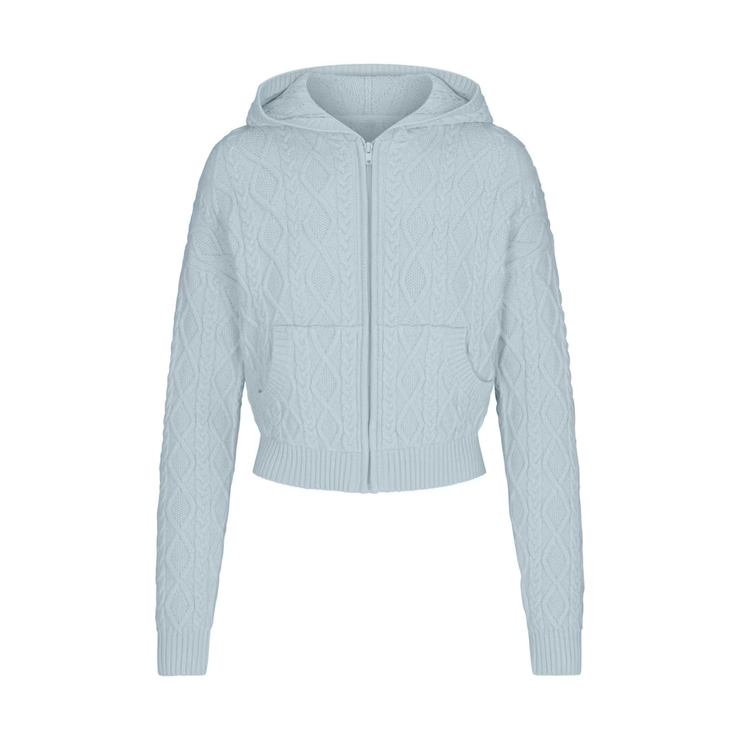 SNOW BUNNY CABLE KNIT SHRUNKEN ZIP UP HOODIE | ZEN BLUE