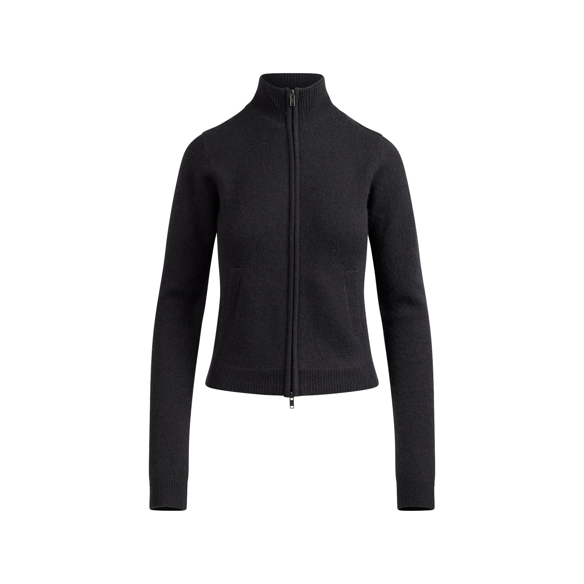 WOOL CASHMERE ZIP UP MOCK NECK SWEATER | ONYX