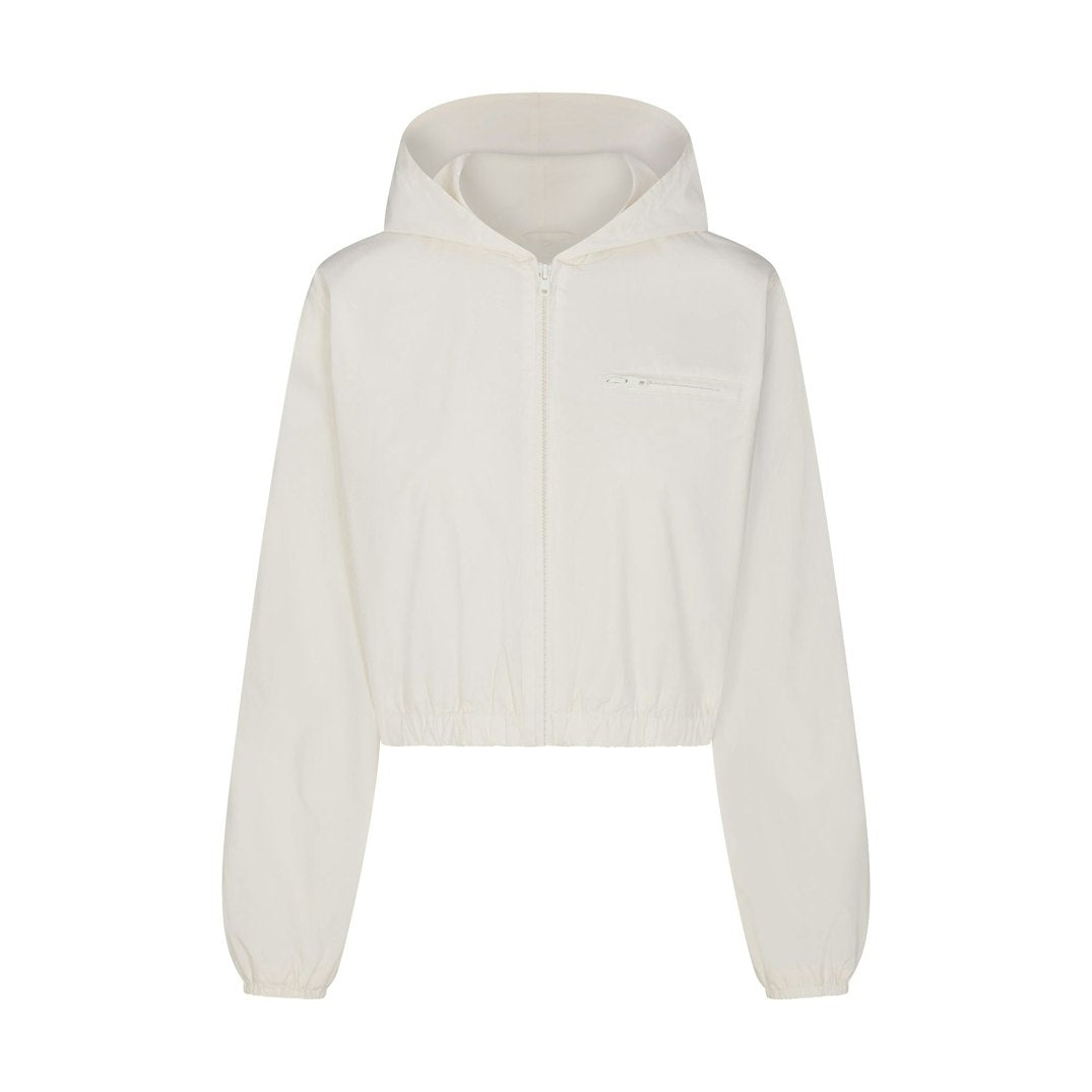 WOVEN COTTON CROPPED ZIP UP JACKET | EGRET