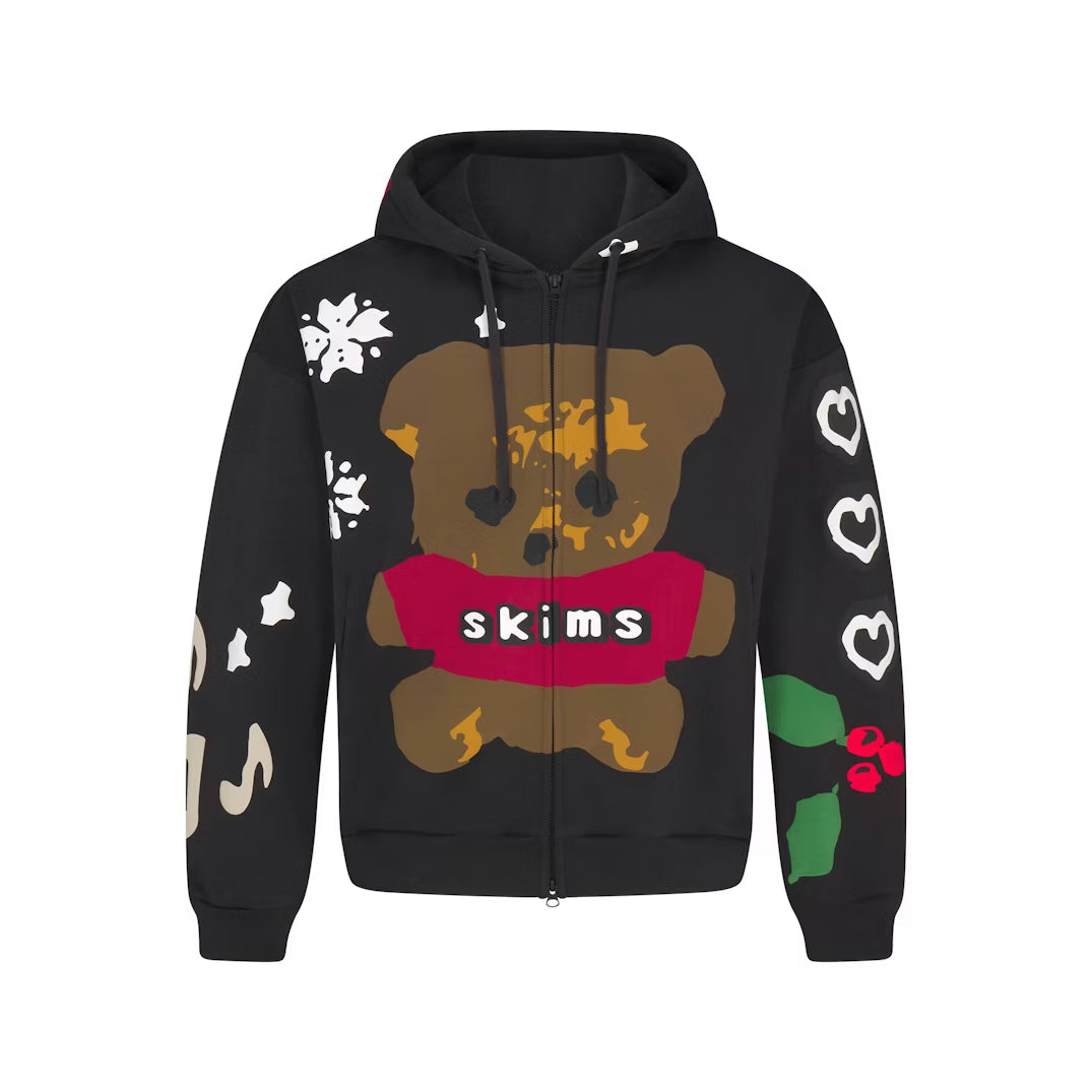 CACTUS PLANT FLEA MARKET X SKIMS HEAVYWEIGHT FLEECE MENS RELAXED ZIP UP HOODIE | ONYX TEDDY BEAR PRINT