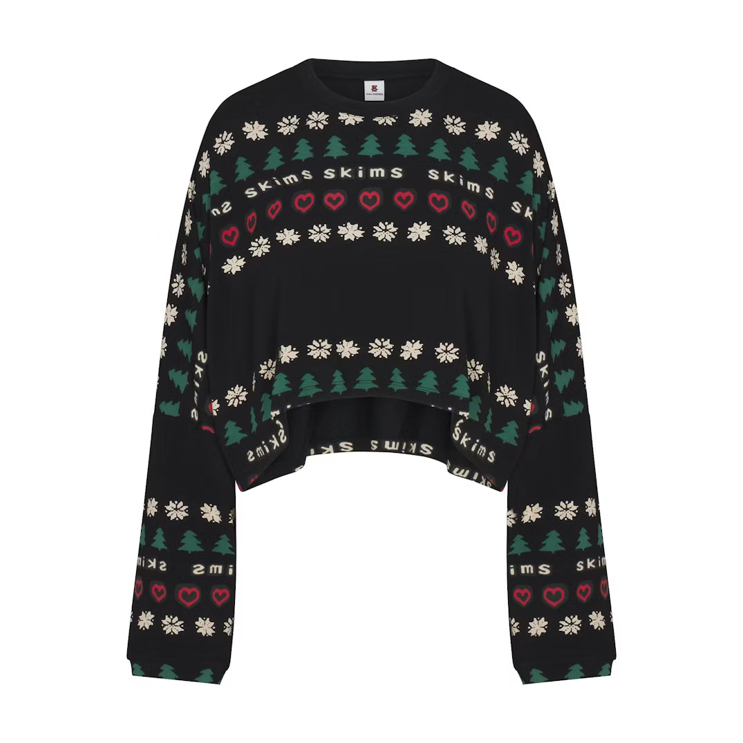 CACTUS PLANT FLEA MARKET X SKIMS SKIMS SLEEP CROPPED LONG SLEEVE AND PANT SET | ONYX PINE FAIR ISLE
