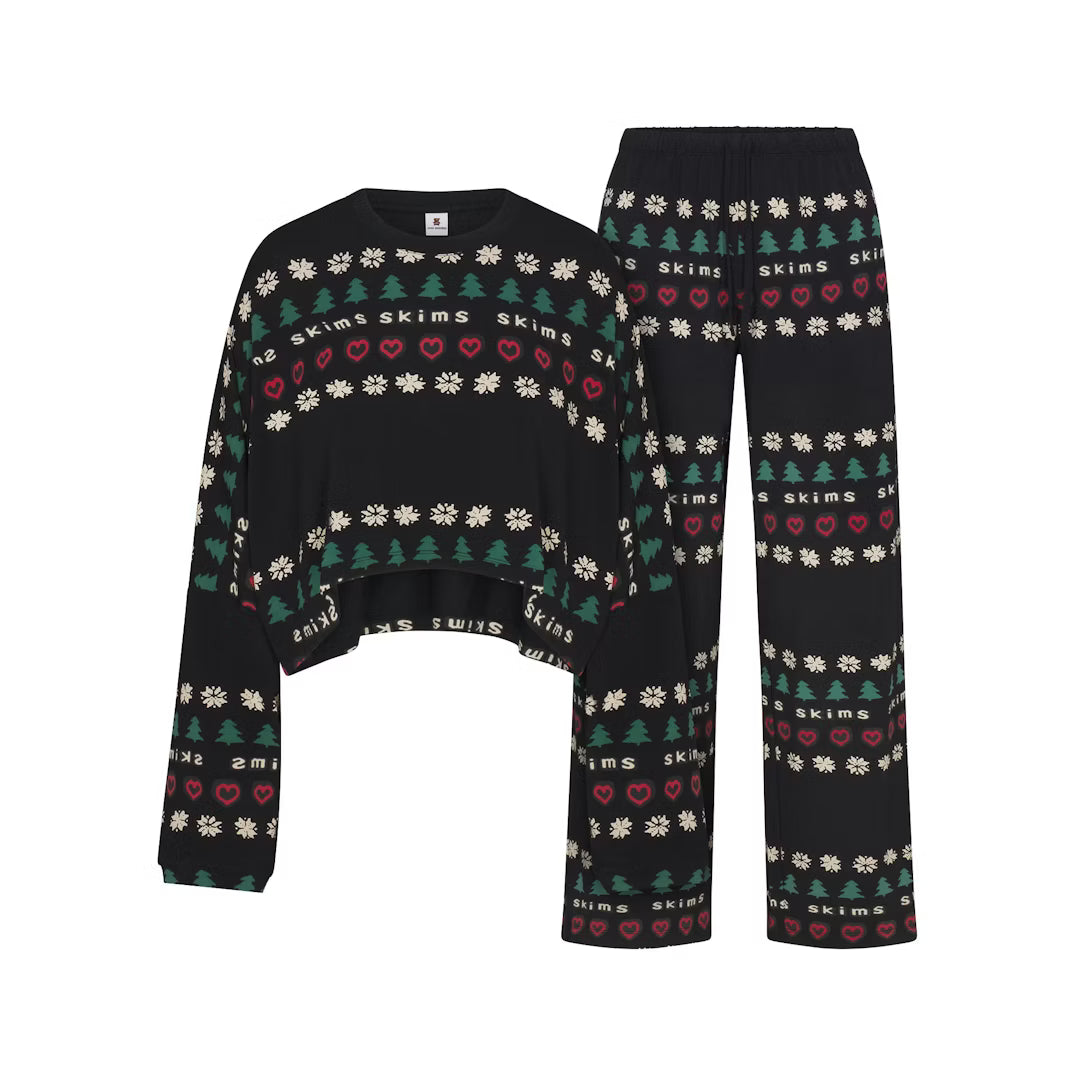 CACTUS PLANT FLEA MARKET X SKIMS SKIMS SLEEP CROPPED LONG SLEEVE AND PANT SET | ONYX PINE FAIR ISLE