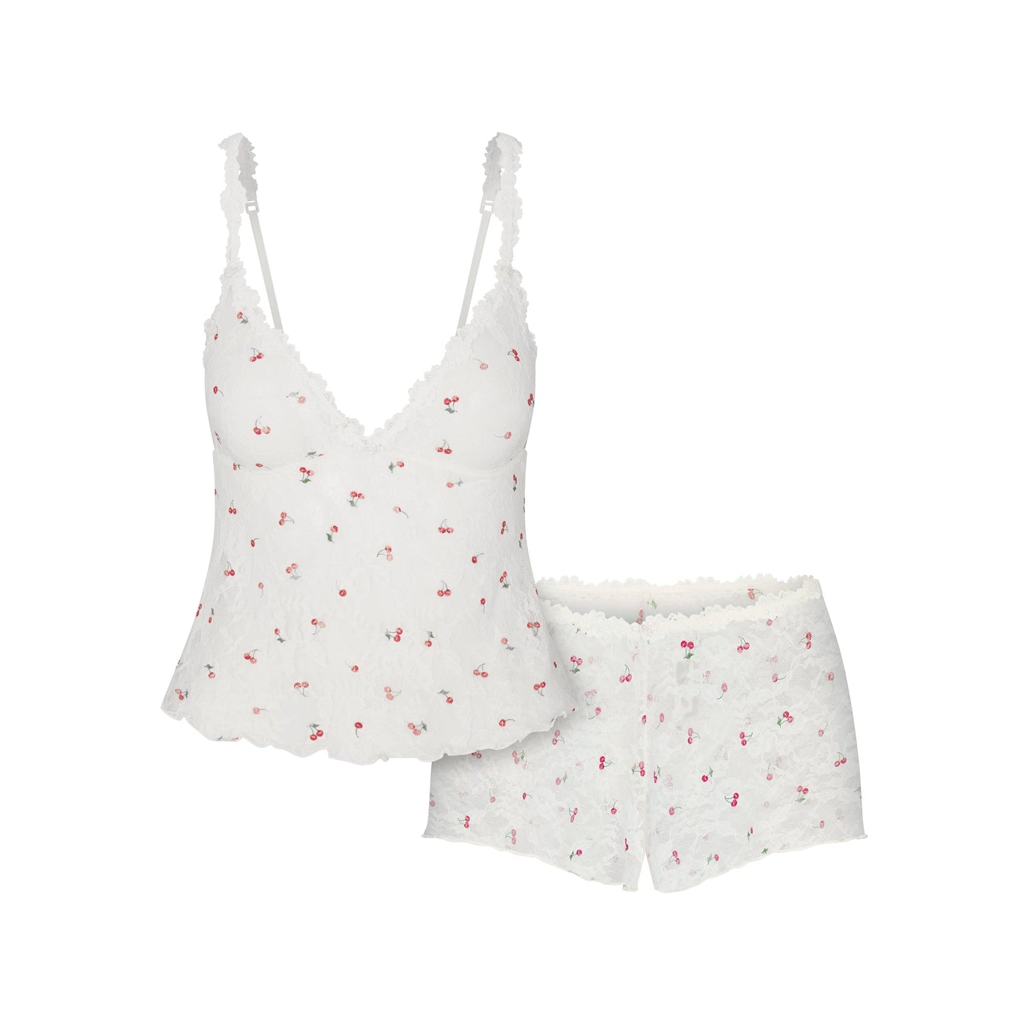 STRETCH LACE TRIANGLE CAMI AND SHORT SET | IVORY CHERRY PRINT
