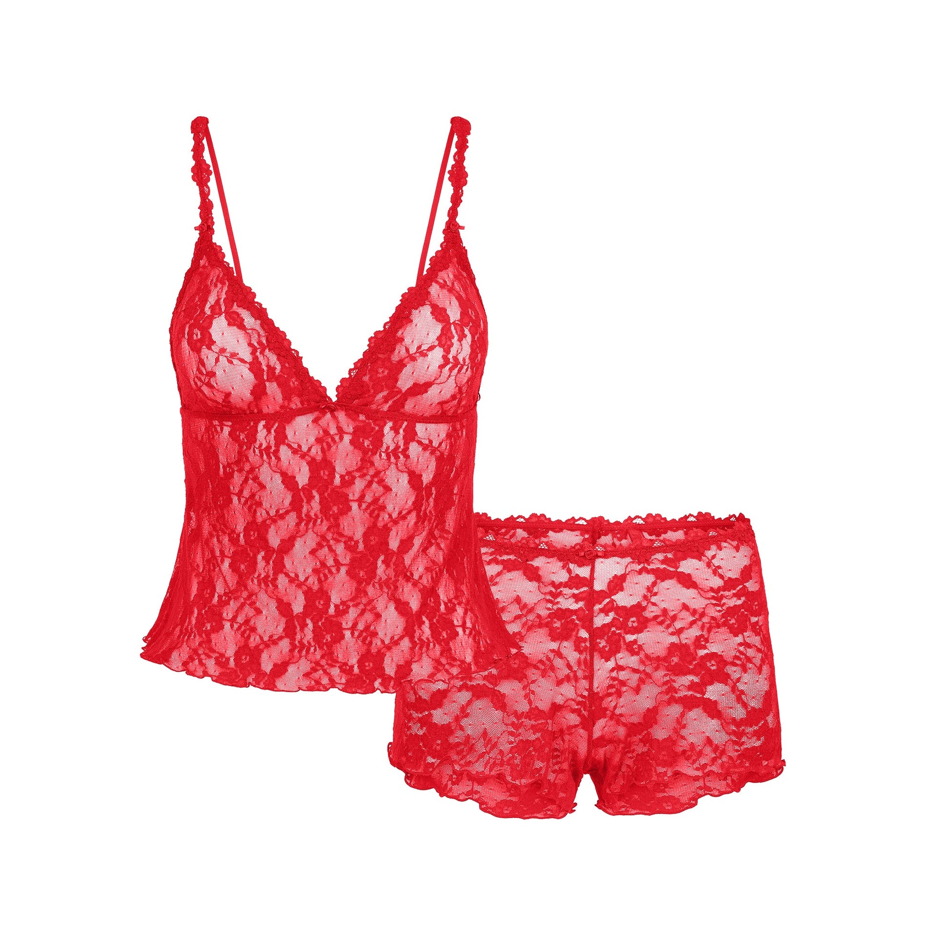 STRETCH LACE TRIANGLE CAMI AND SHORT SET | RED