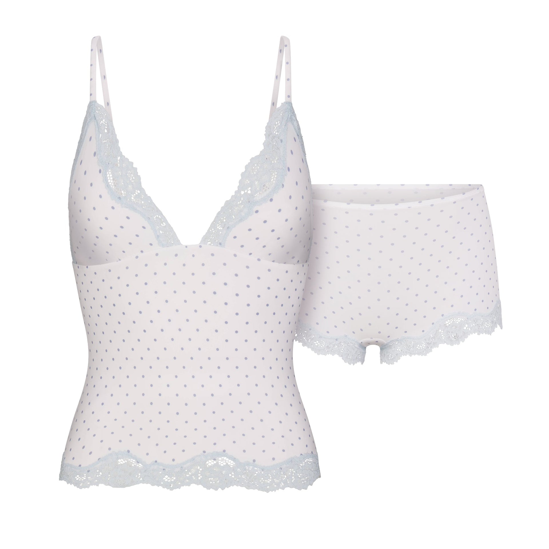 FITS EVERYBODY LACE TRIANGLE CAMI AND BOY SHORT SET | SLATE PIN DOT PRINT