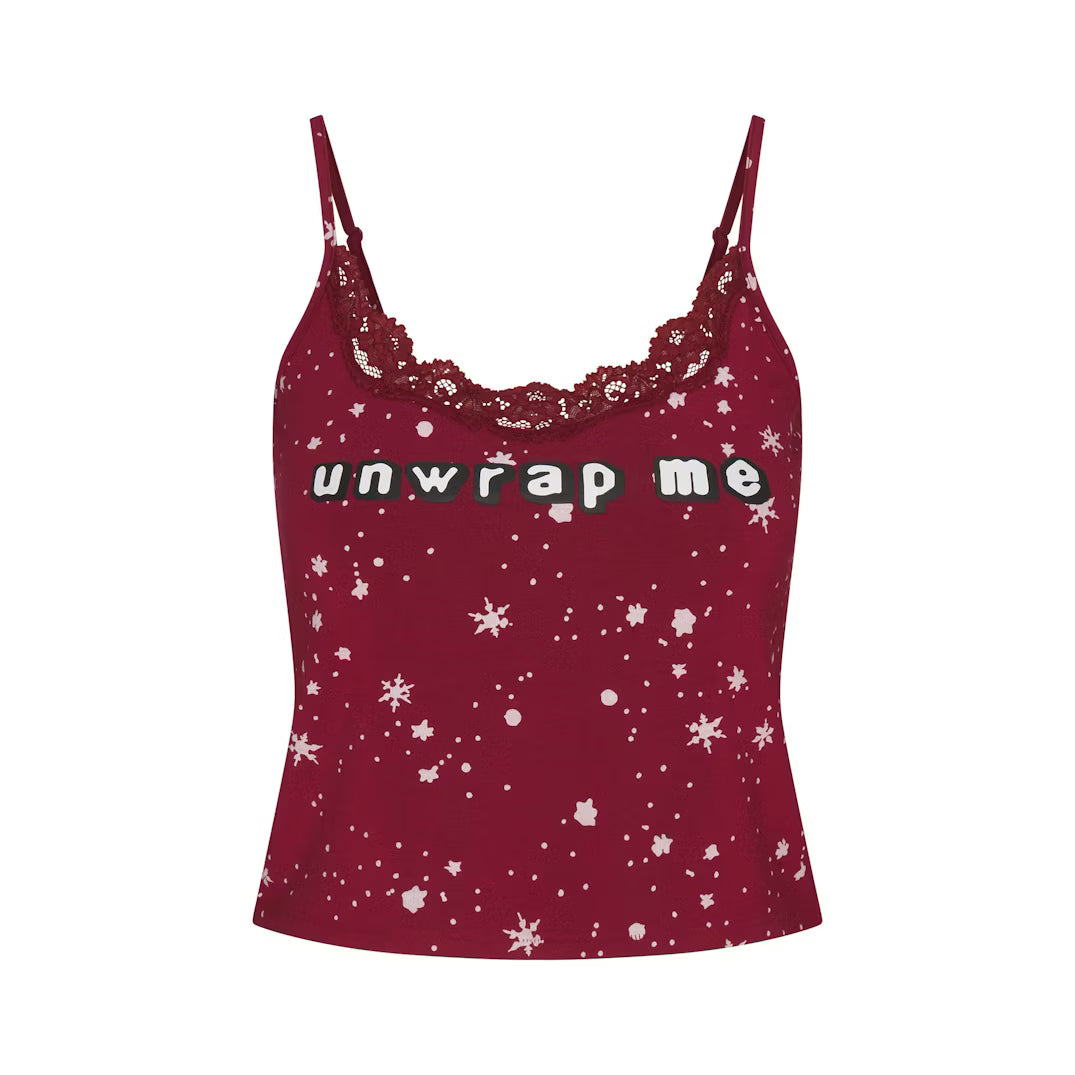CACTUS PLANT FLEA MARKET X SKIMS SKIMS SLEEP LACE TANK AND FLANNEL SHORT SET | MERLOT UNWRAP ME SNOW PRINT