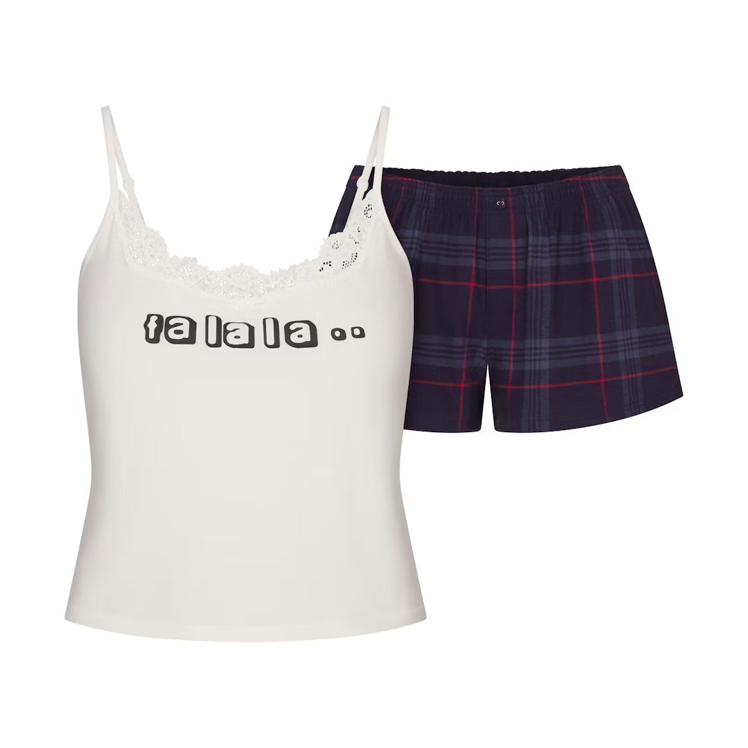 CACTUS PLANT FLEA MARKET X SKIMS SKIMS SLEEP LACE TANK AND FLANNEL SHORT SET | MARBLE FA LA LA PRINT