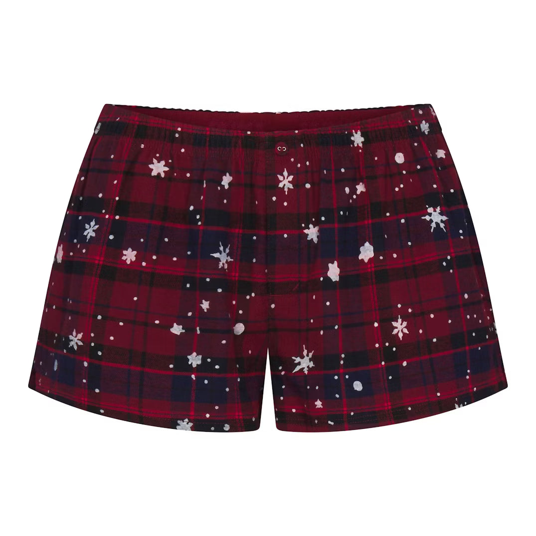 CACTUS PLANT FLEA MARKET X SKIMS SKIMS SLEEP LACE TANK AND FLANNEL SHORT SET | MERLOT UNWRAP ME SNOW PRINT