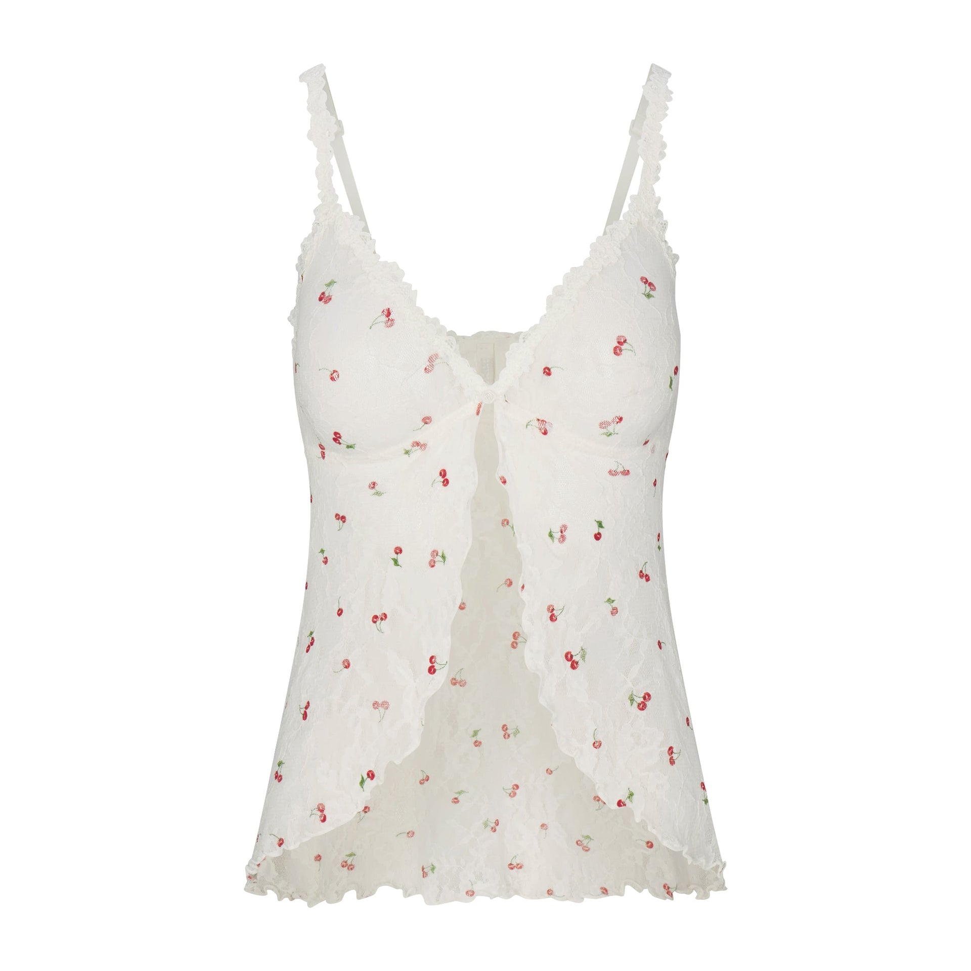 STRETCH LACE BABYDOLL TOP | IVORY CHERRY PRINT