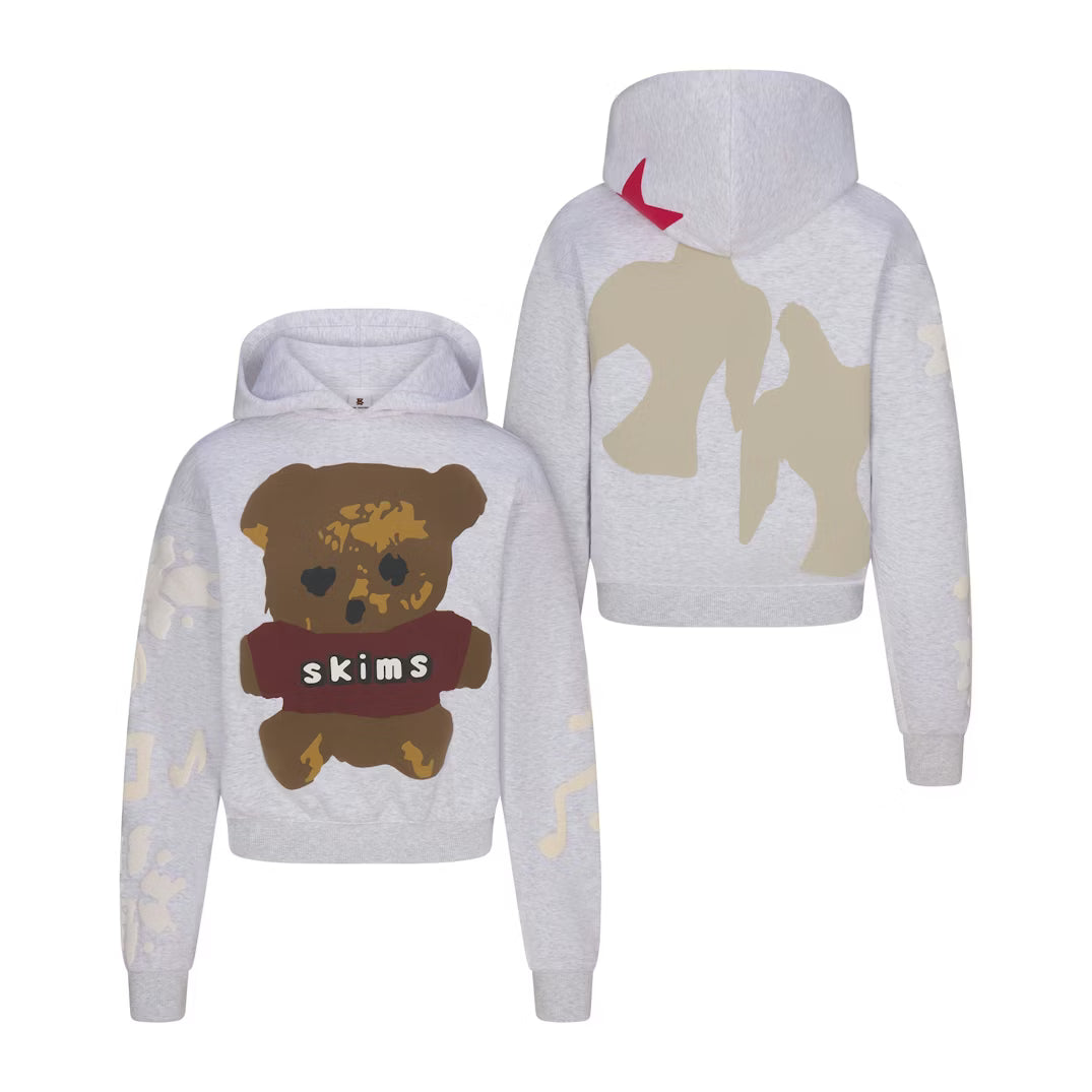 CACTUS PLANT FLEA MARKET X SKIMS COTTON FLEECE HOODIE | LIGHT HEATHER GREY TEDDY BEAR PRINT