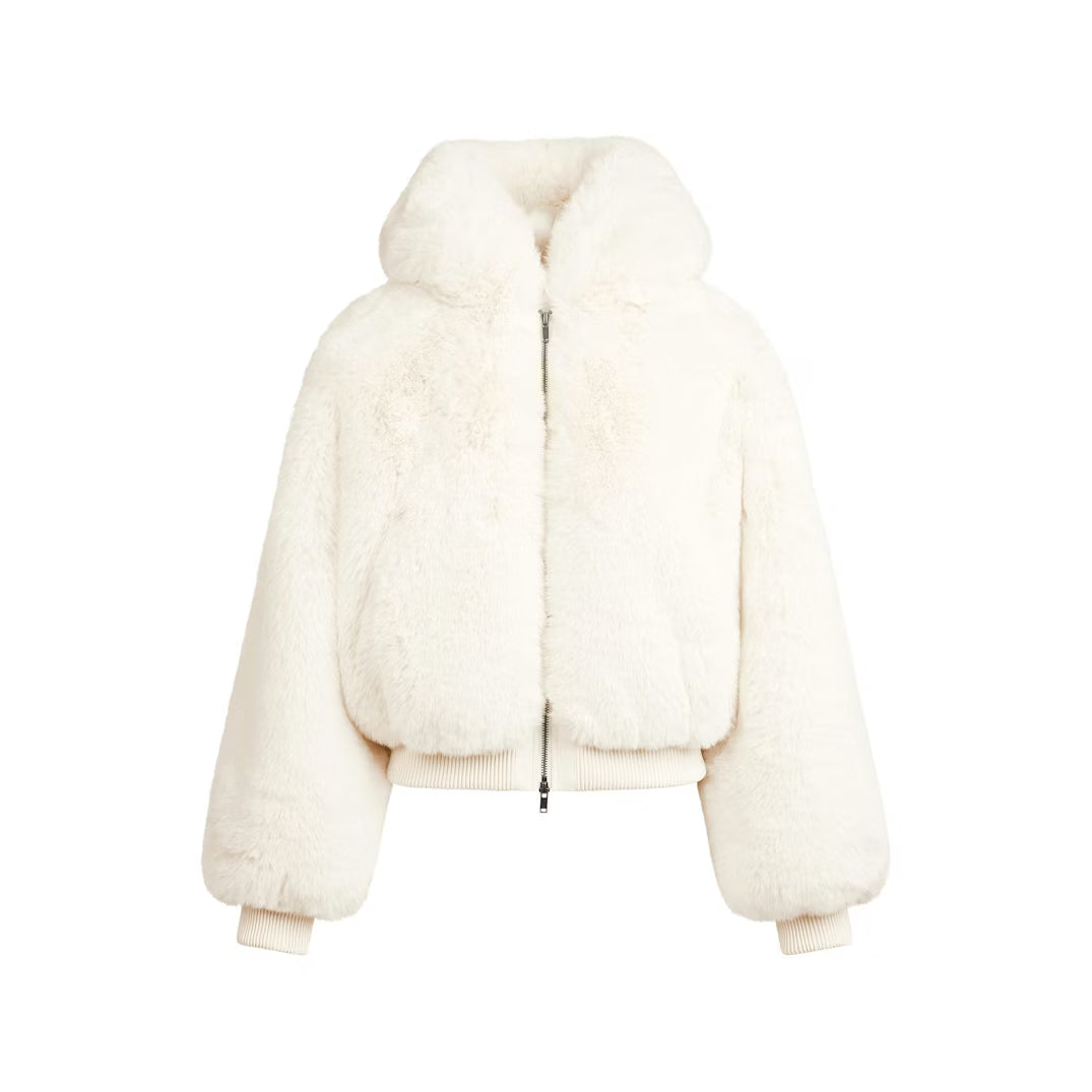 FAUX FUR SHRUNKEN ZIP UP JACKET | EGRET