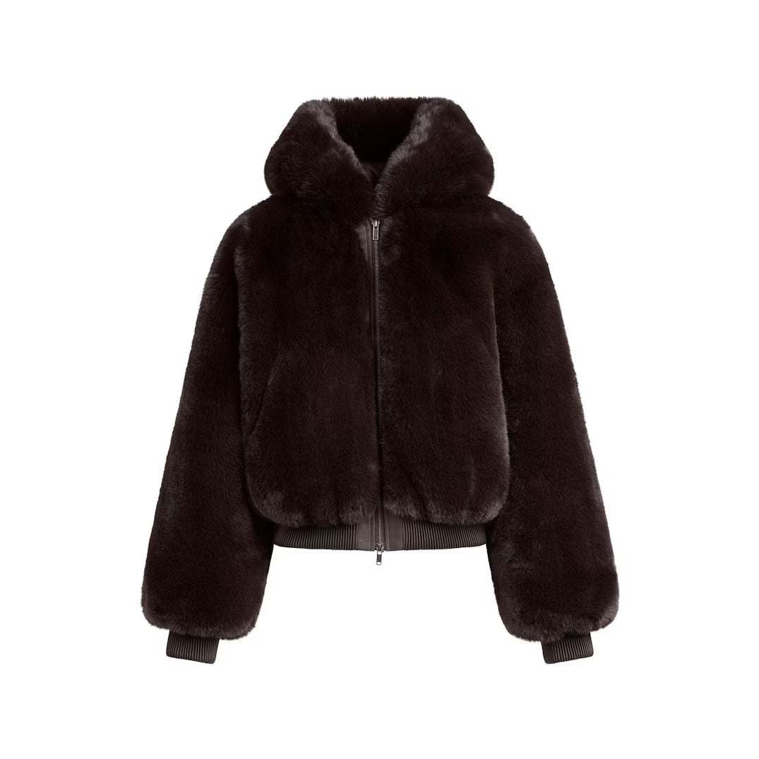 FAUX FUR SHRUNKEN ZIP UP JACKET | ESPRESSO