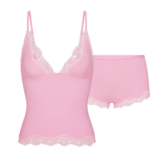 FITS EVERYBODY LACE TRIANGLE CAMI AND BOY SHORT SET | BUBBLEGUM TONAL