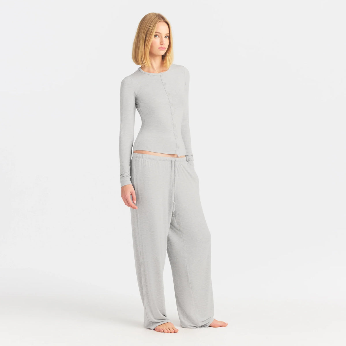SKIMS SLEEP CARDIGAN AND PANT SLEEP SET | LIGHT HEATHER GREY