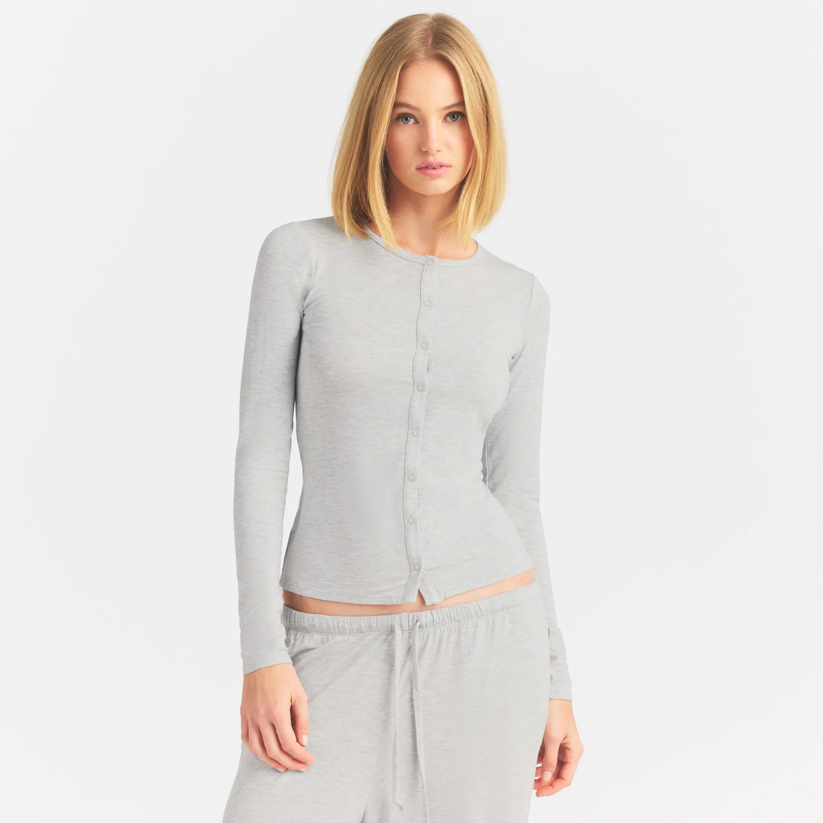 SKIMS SLEEP CARDIGAN AND PANT SLEEP SET | LIGHT HEATHER GREY