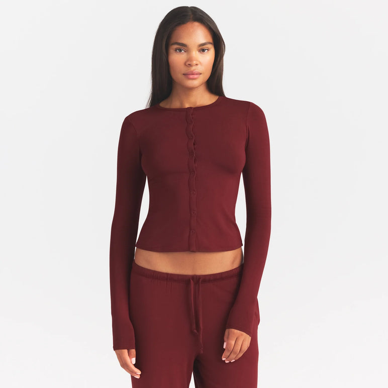 SKIMS SLEEP CARDIGAN AND PANT SLEEP SET | MERLOT