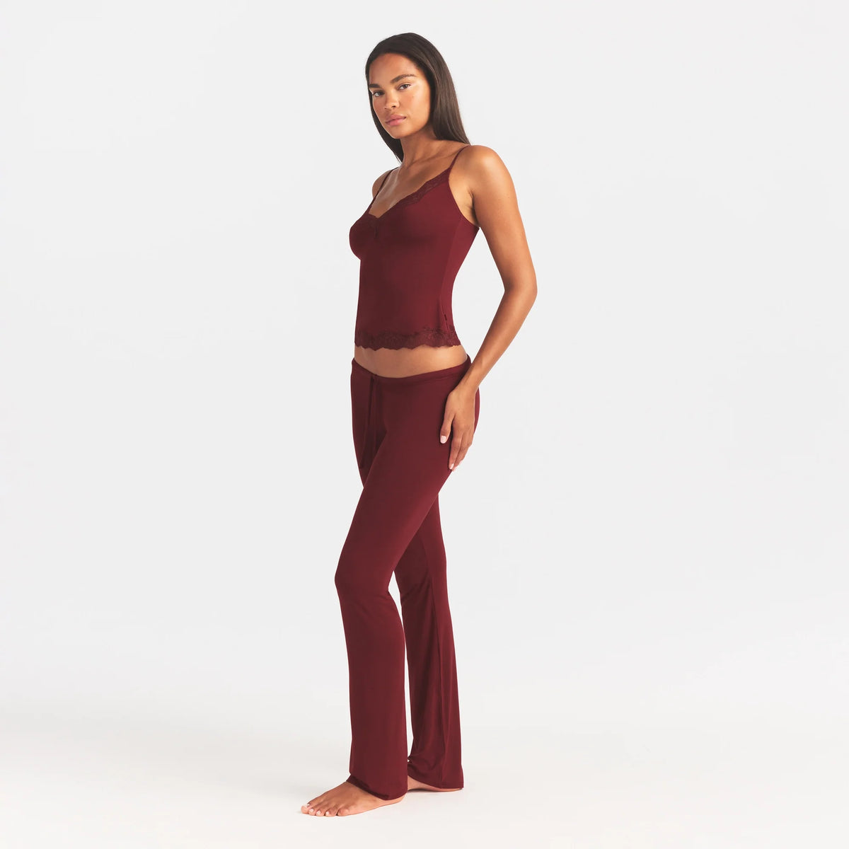SKIMS SLEEP LACE CAMI AND PANT SLEEP SET | MERLOT