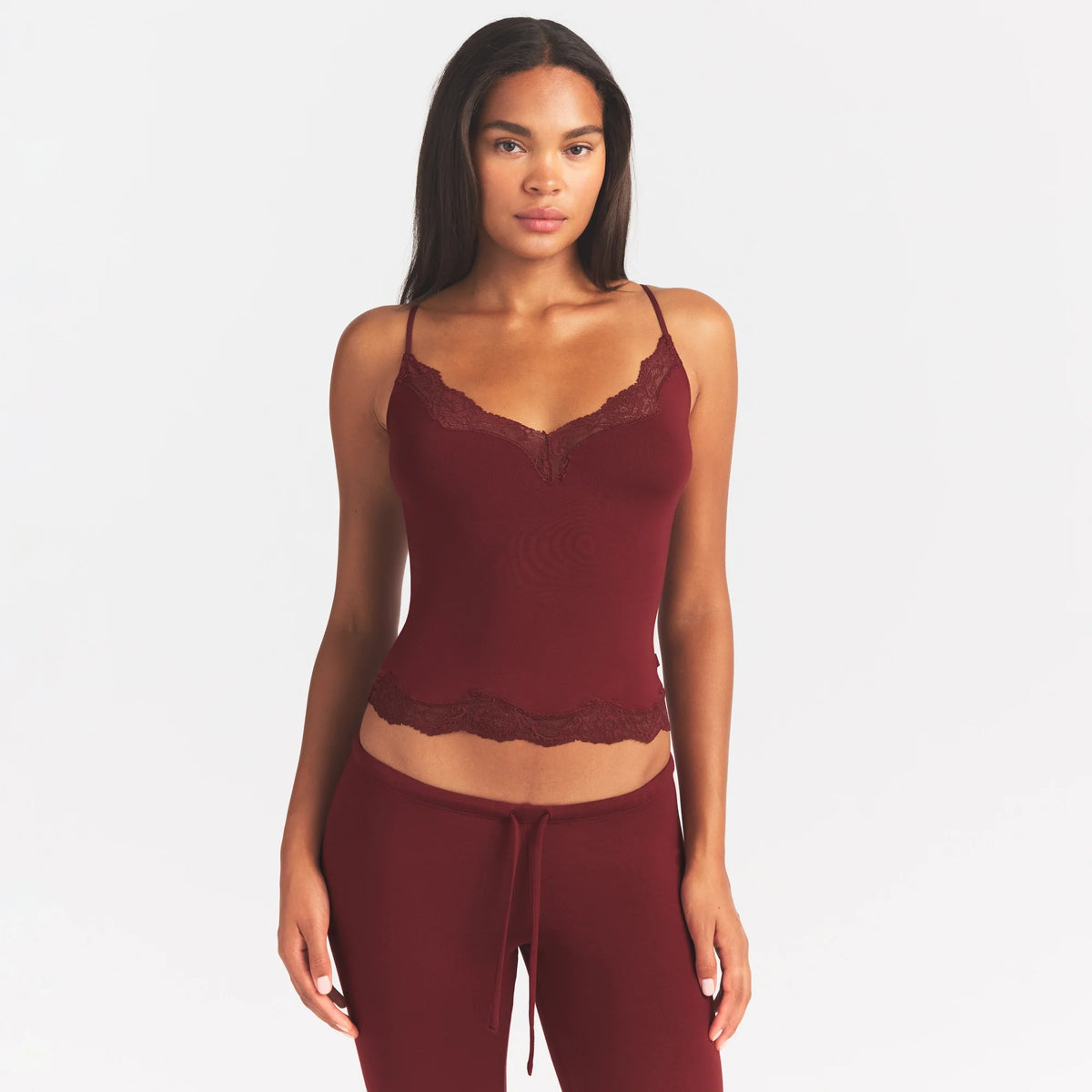 SKIMS SLEEP LACE CAMI AND PANT SLEEP SET | MERLOT