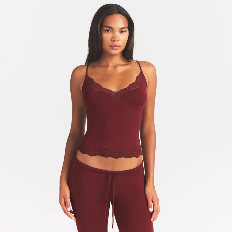 SKIMS SLEEP LACE CAMI AND PANT SLEEP SET | MERLOT