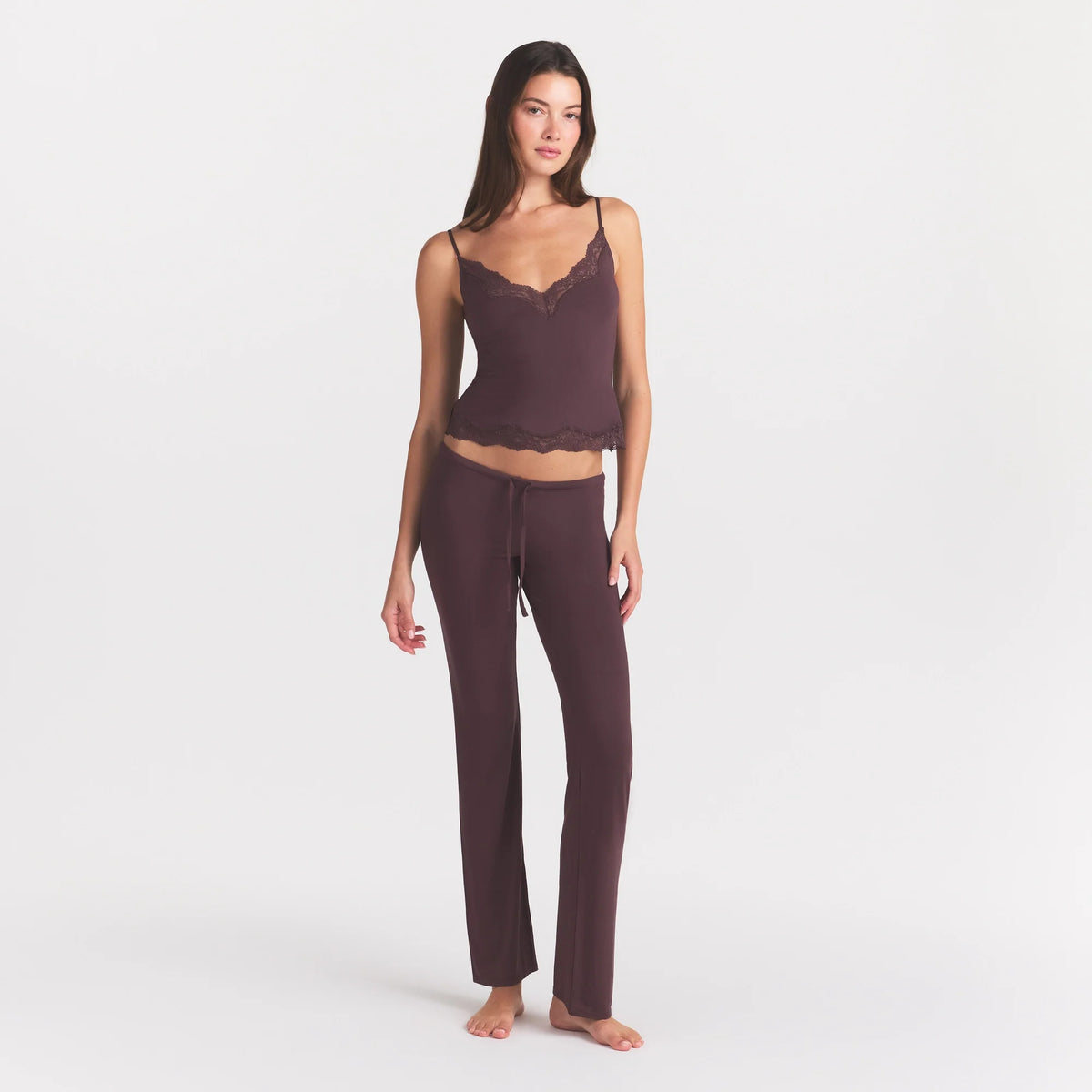 SKIMS SLEEP LACE CAMI AND PANT SET | RAISIN