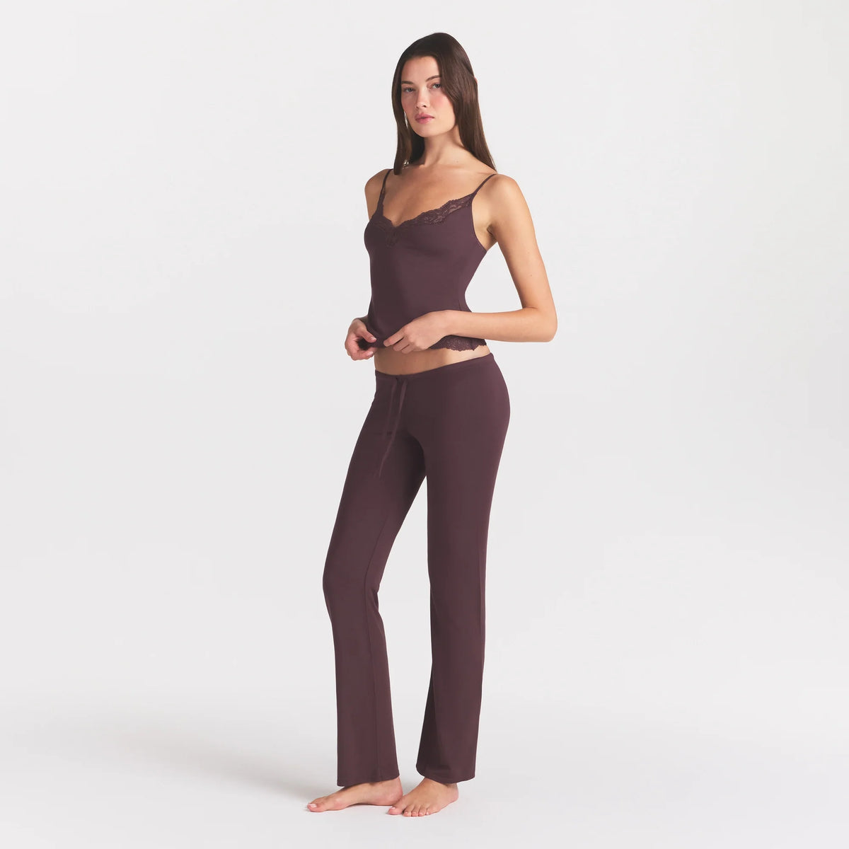 SKIMS SLEEP LACE CAMI AND PANT SET | RAISIN