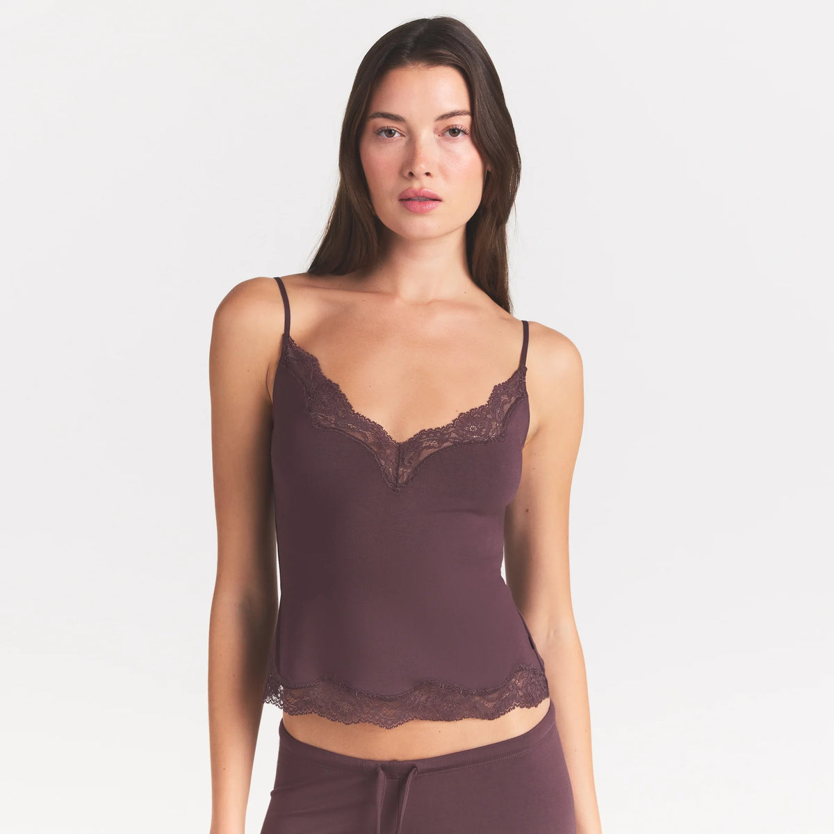 SKIMS SLEEP LACE CAMI AND PANT SET | RAISIN
