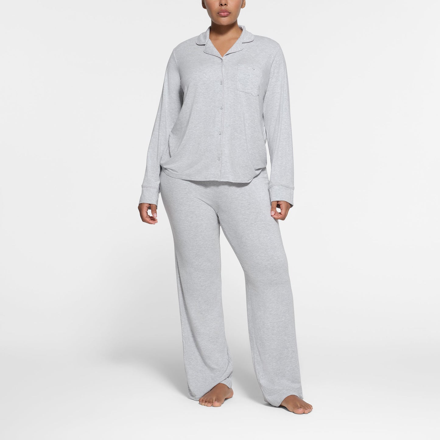 SKIMS SLEEP LONG SLEEVE BUTTON UP SET | LIGHT HEATHER GREY