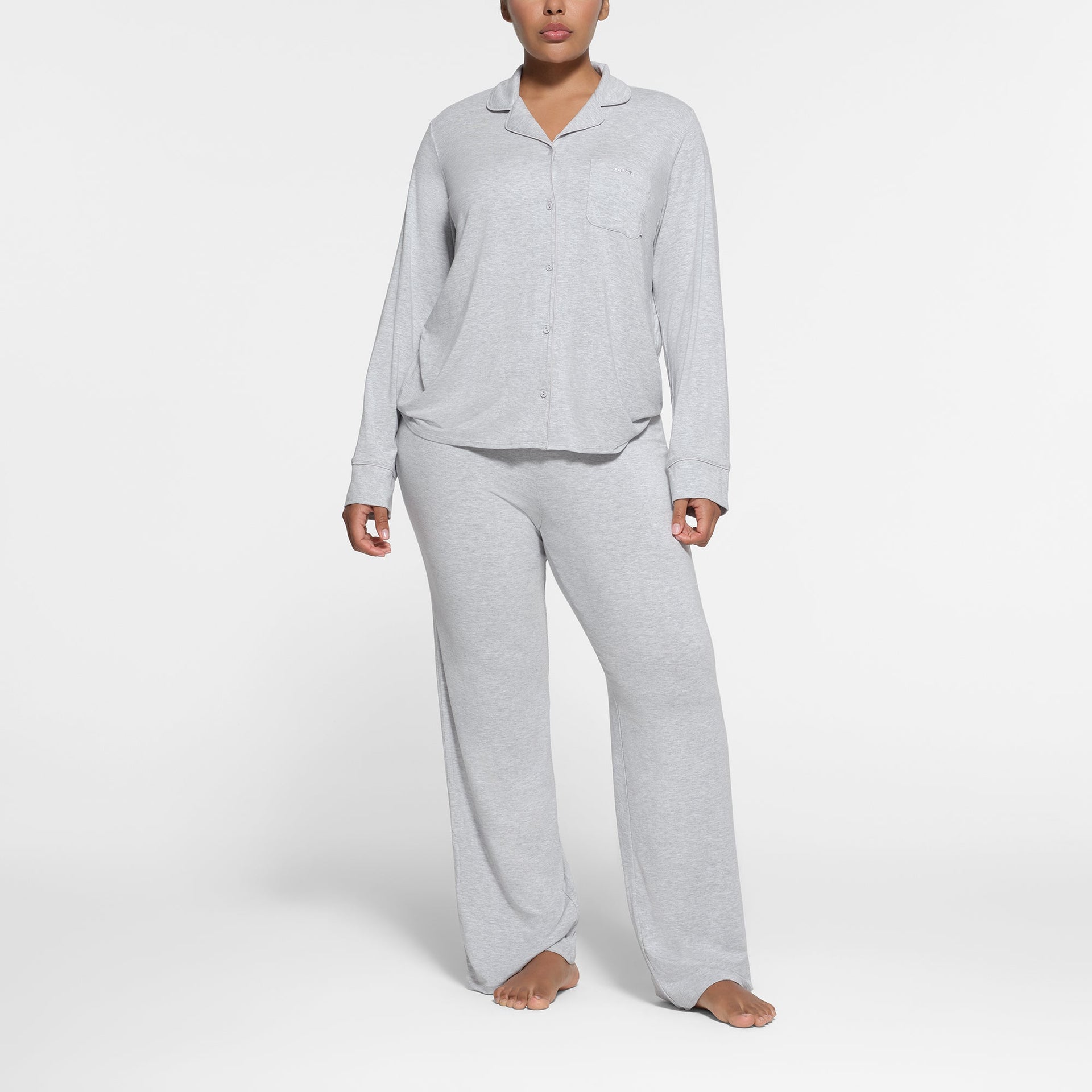 SKIMS SLEEP LONG SLEEVE BUTTON UP SET | LIGHT HEATHER GREY