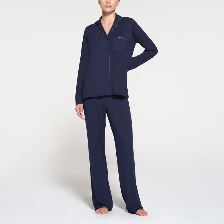 SKIMS SLEEP LONG SLEEVE BUTTON UP SET | NAVY