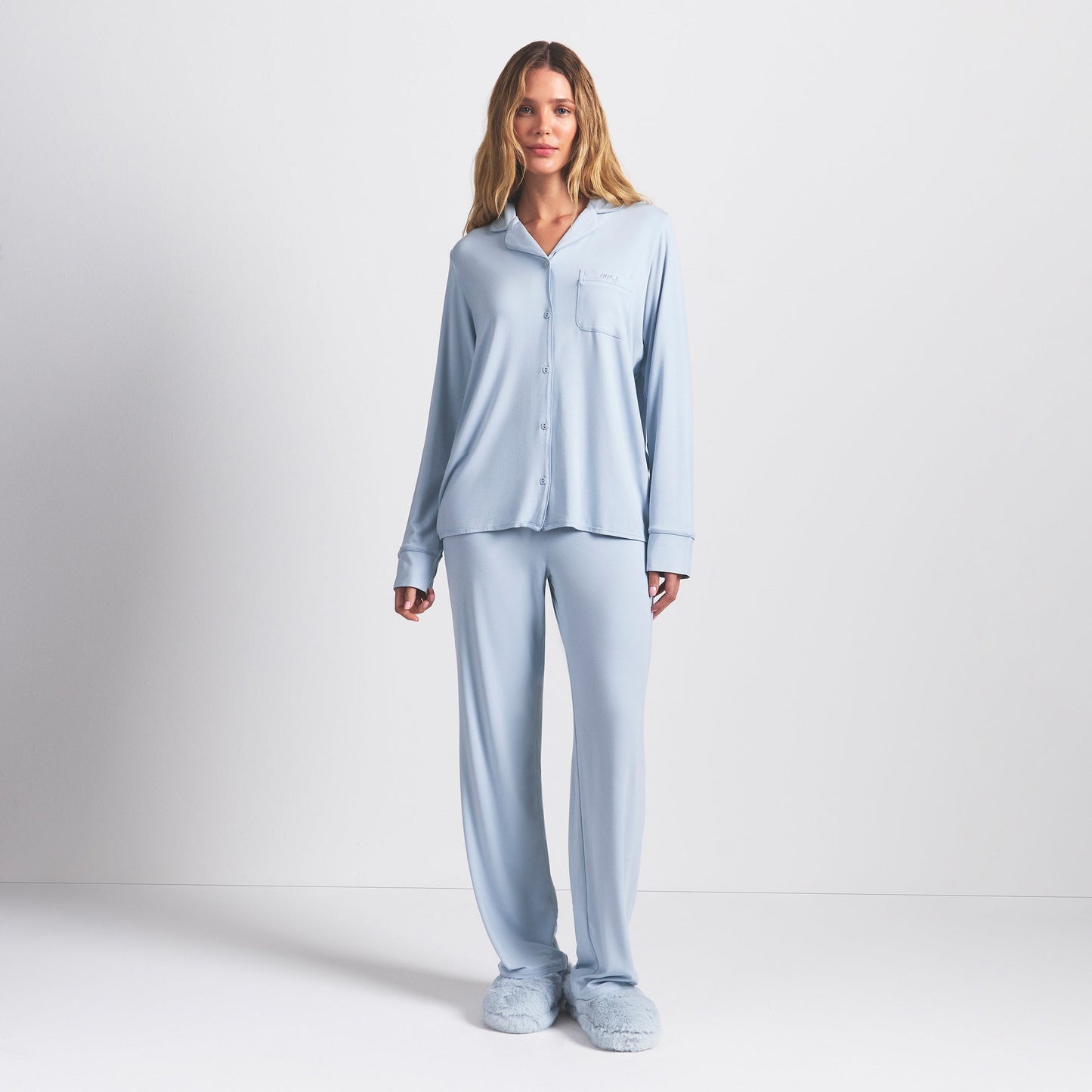 SKIMS SLEEP LONG SLEEVE BUTTON UP SET | ZEN BLUE