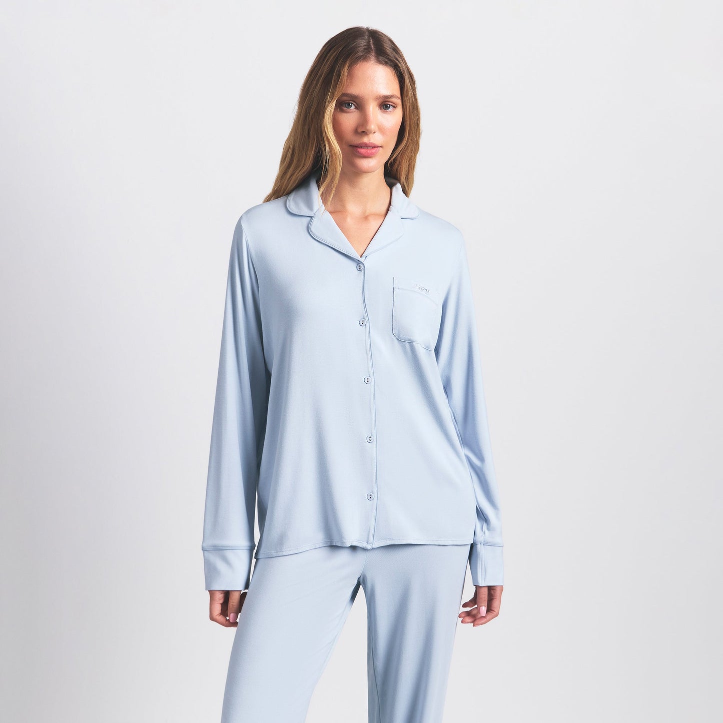 SKIMS SLEEP LONG SLEEVE BUTTON UP SET | ZEN BLUE