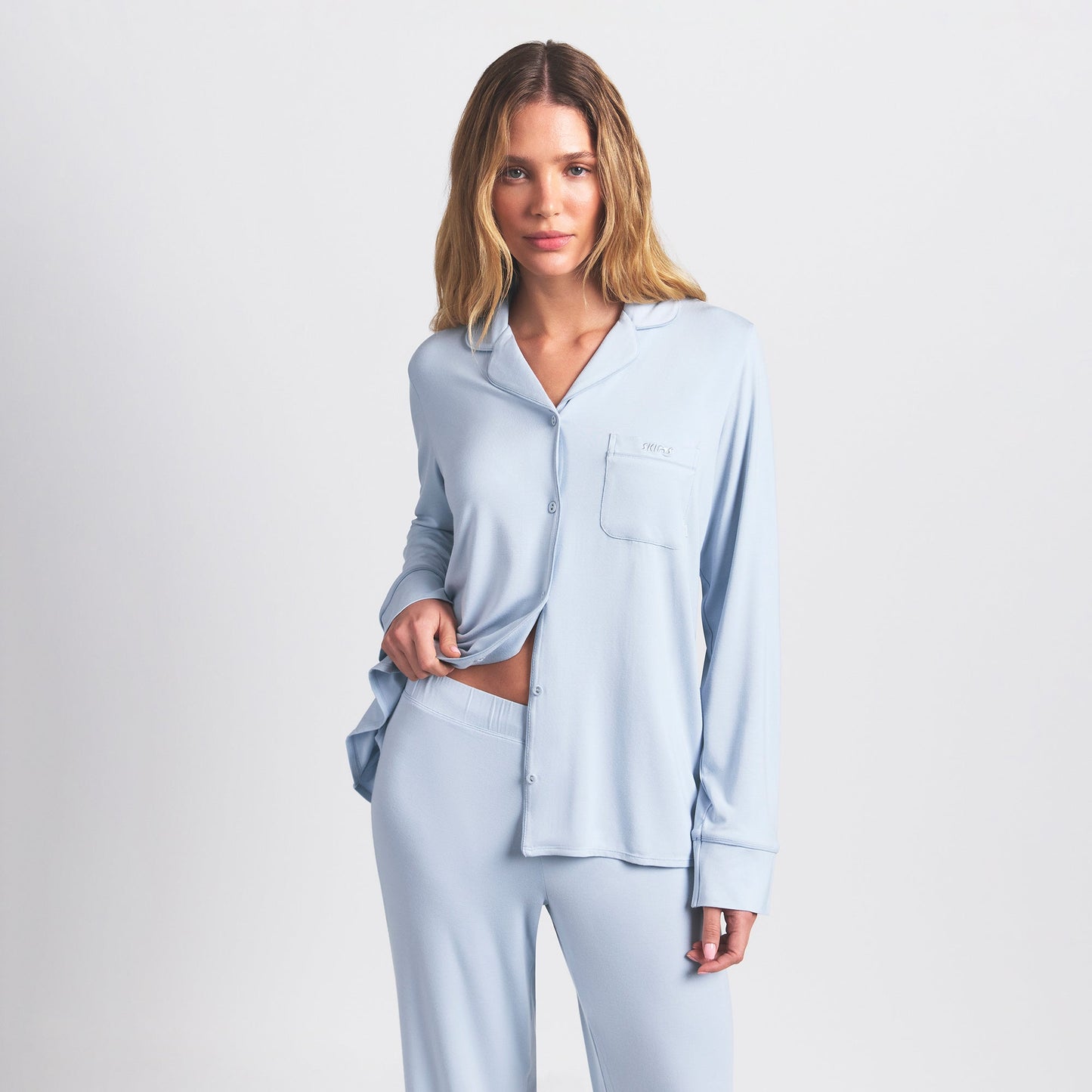 SKIMS SLEEP LONG SLEEVE BUTTON UP SET | ZEN BLUE