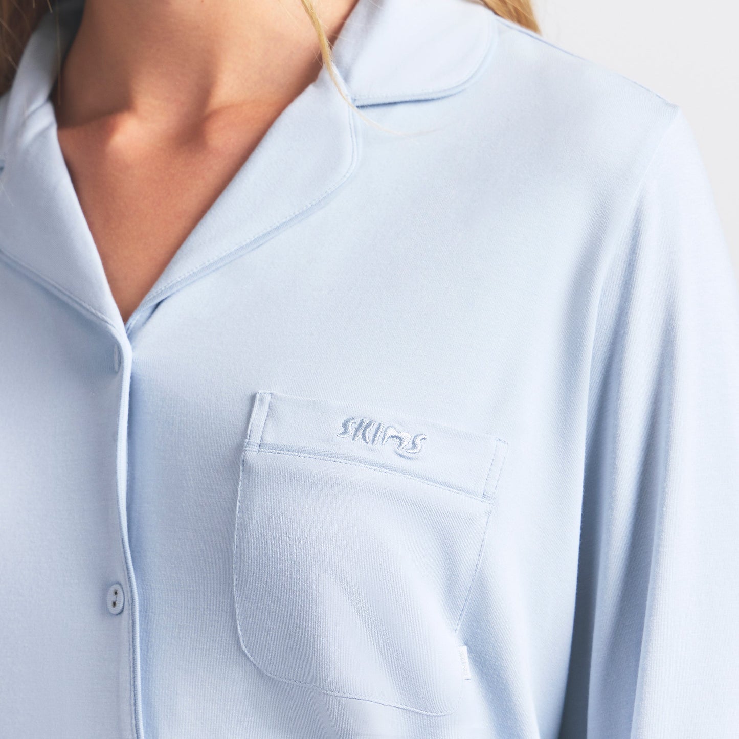 SKIMS SLEEP LONG SLEEVE BUTTON UP SET | ZEN BLUE
