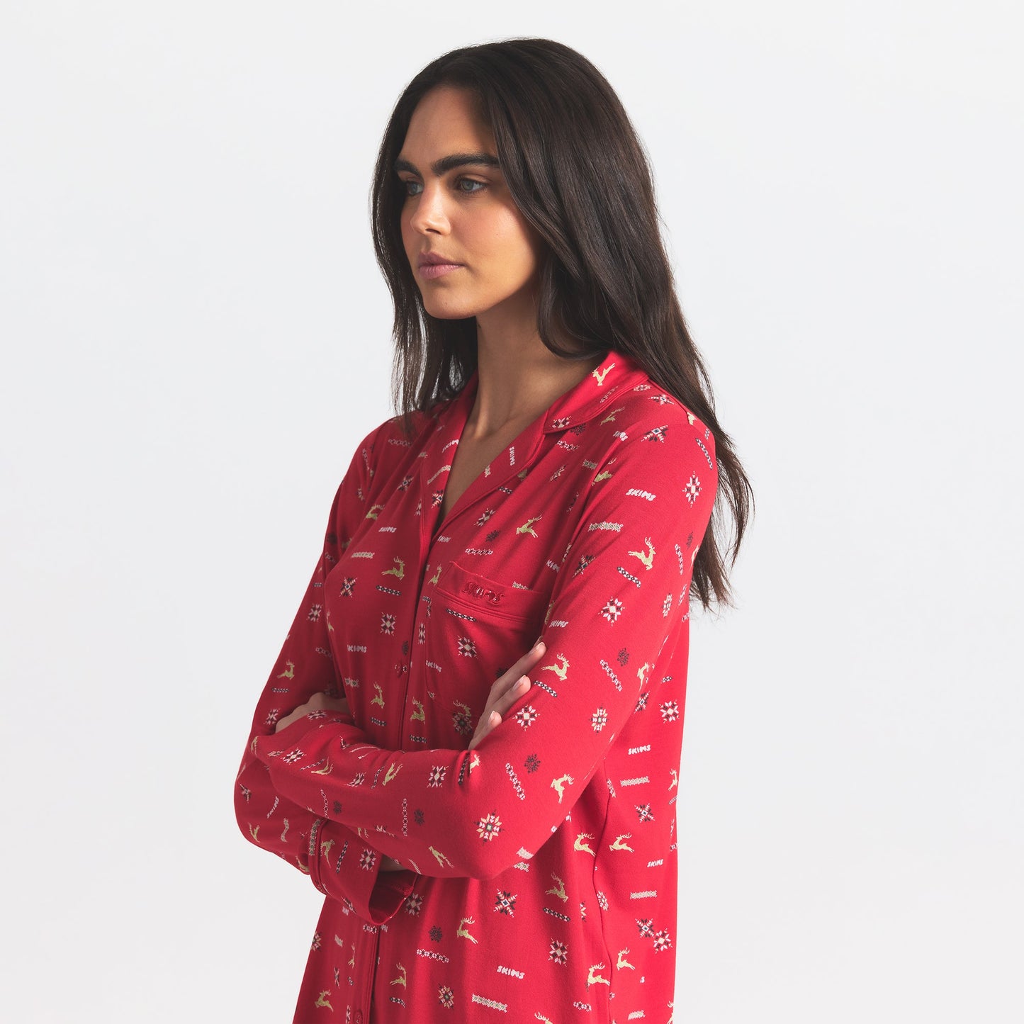 SKIMS SLEEP LONG SLEEVE BUTTON UP SET | CRANBERRY VINTAGE DEER PRINT