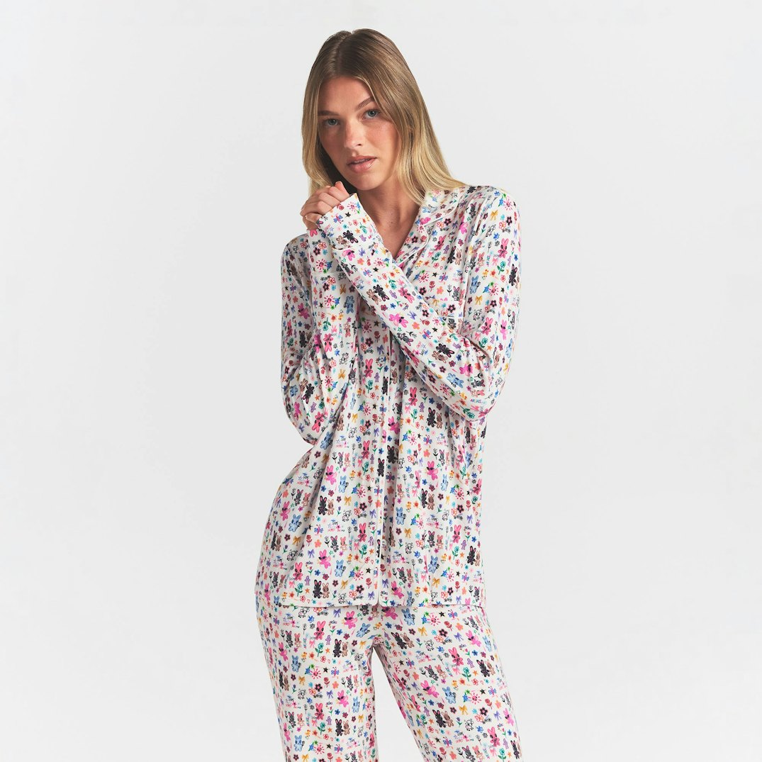 SKIMS SLEEP LONG SLEEVE BUTTON UP SET | MARBLE COOL BUNNY