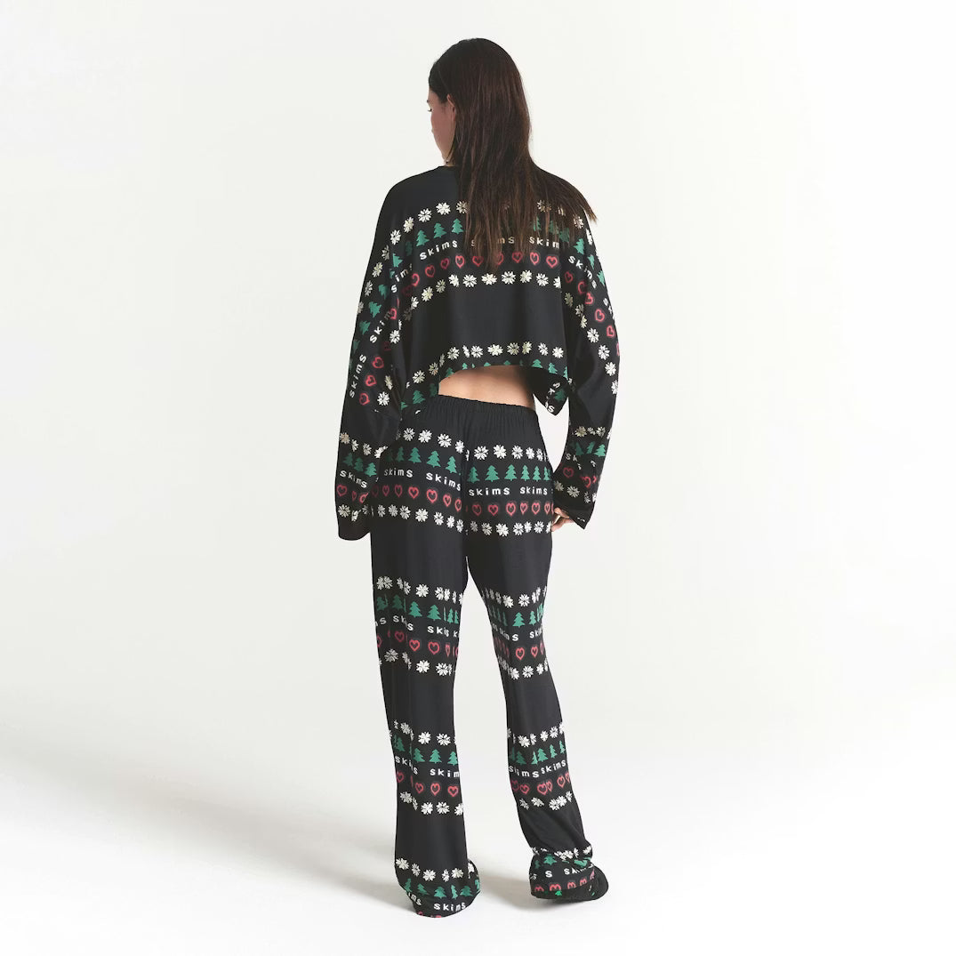 CACTUS PLANT FLEA MARKET X SKIMS SKIMS SLEEP CROPPED LONG SLEEVE AND PANT SET | ONYX PINE FAIR ISLE