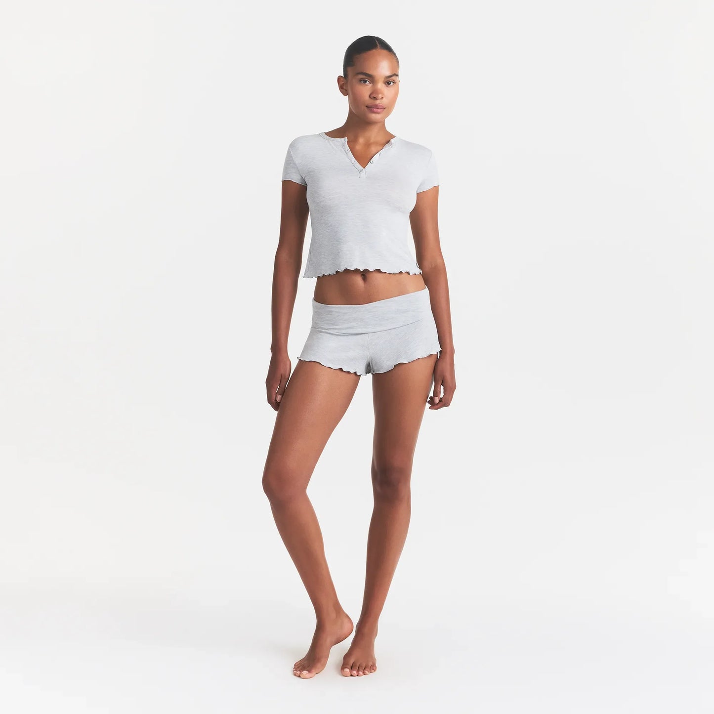SKIMS SLEEP HENLEY AND FOLDOVER SHORT SET | LIGHT HEATHER GREY