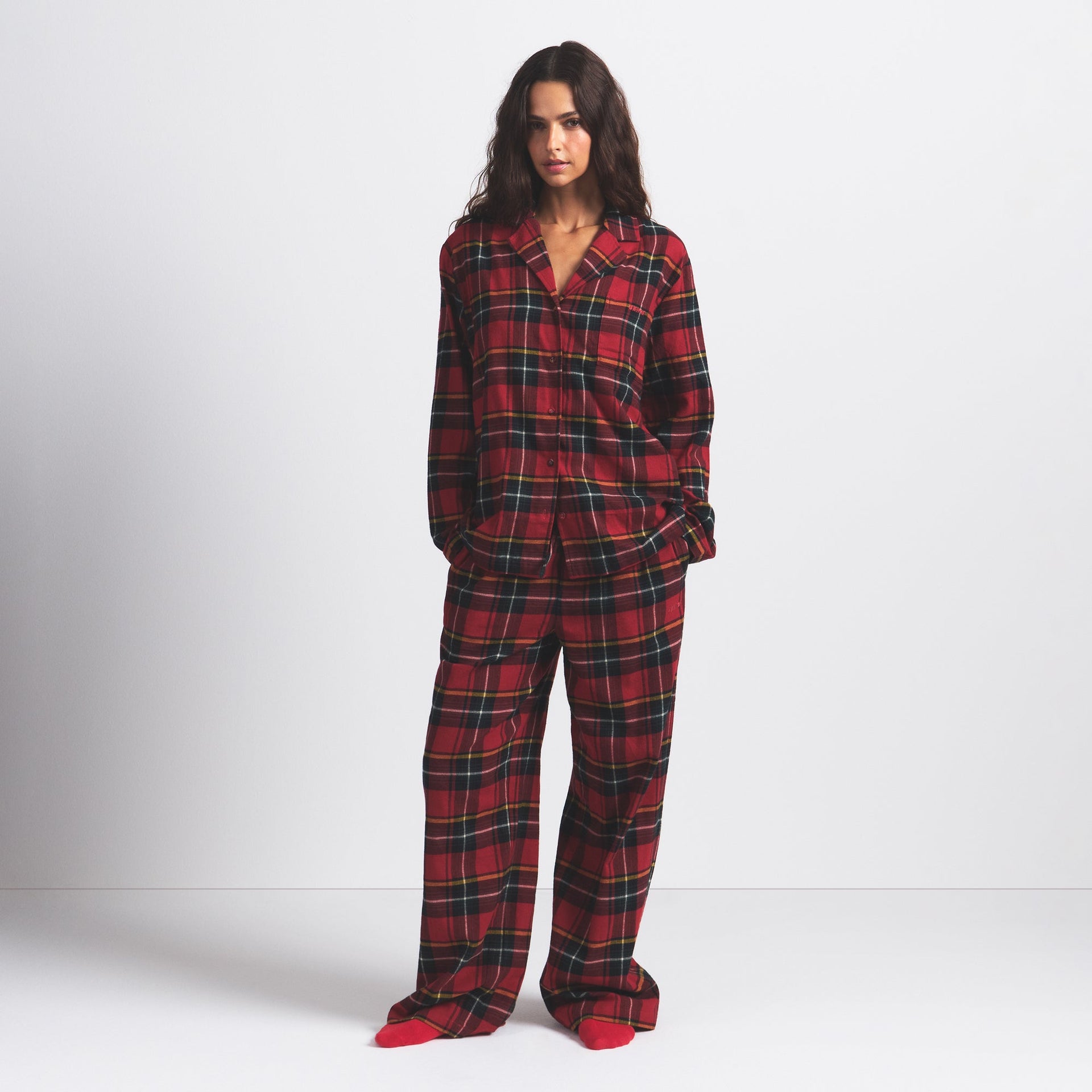 FLANNEL SLEEP LONG SLEEP SET | RED HOLIDAY PLAID