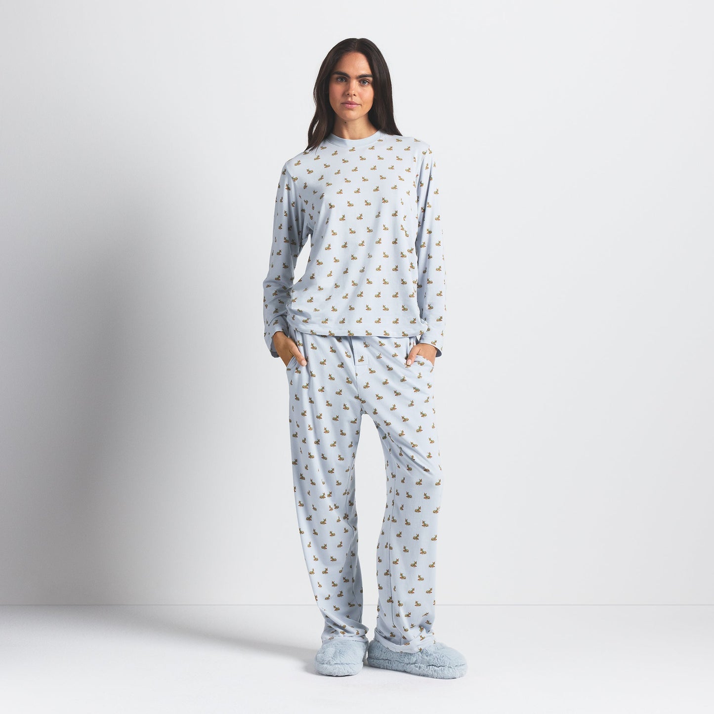BOYFRIEND LONG SLEEVE T-SHIRT AND LOOSE PANT SET | ZEN BLUE BABY DEER PRINT