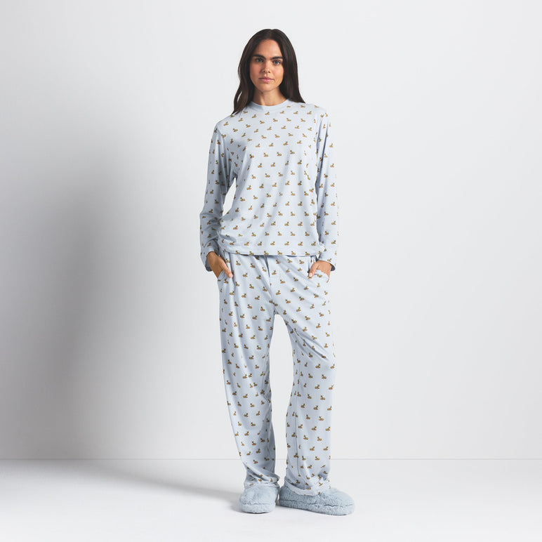BOYFRIEND LONG SLEEVE T-SHIRT AND LOOSE PANT SET | ZEN BLUE BABY DEER PRINT