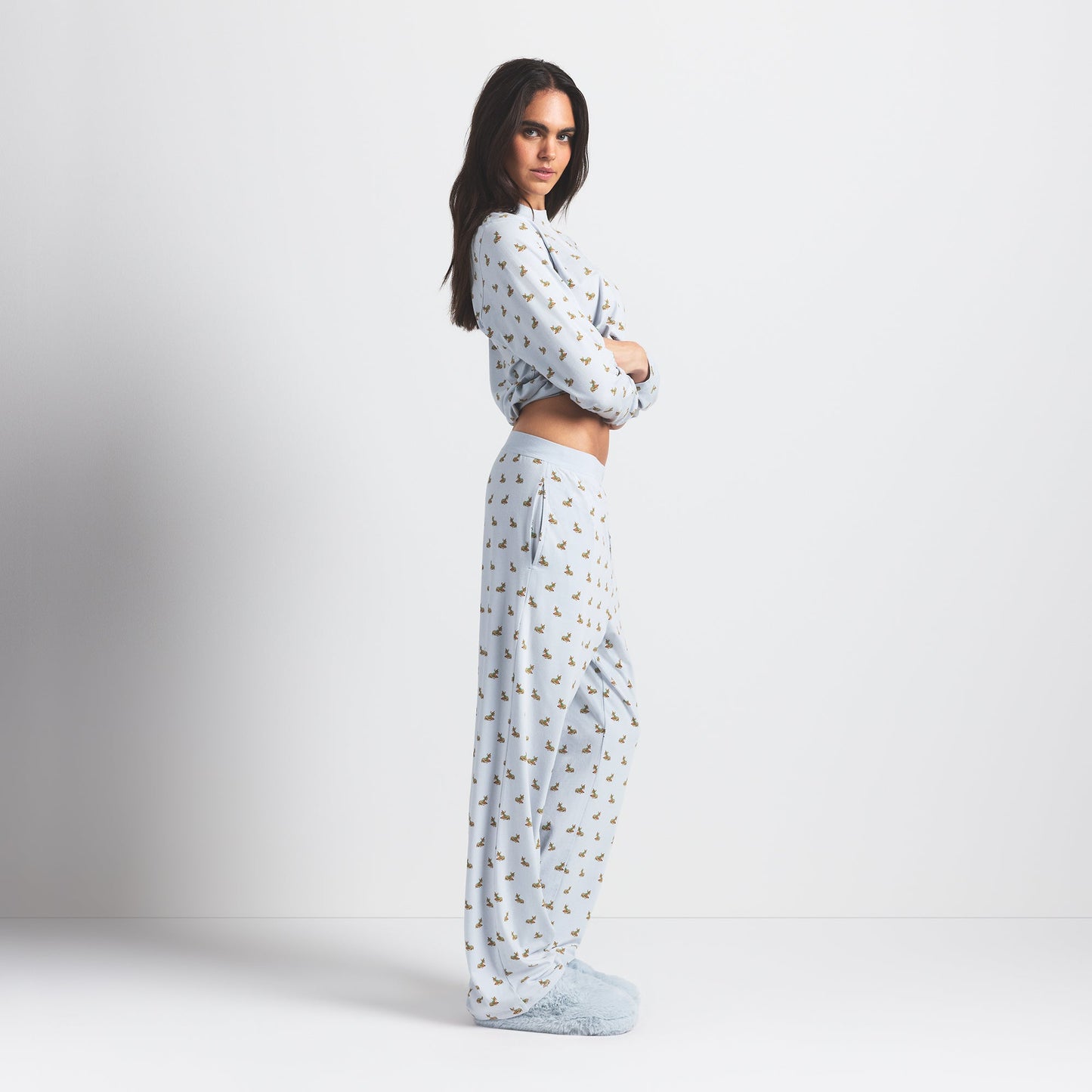 BOYFRIEND LONG SLEEVE T-SHIRT AND LOOSE PANT SET | ZEN BLUE BABY DEER PRINT