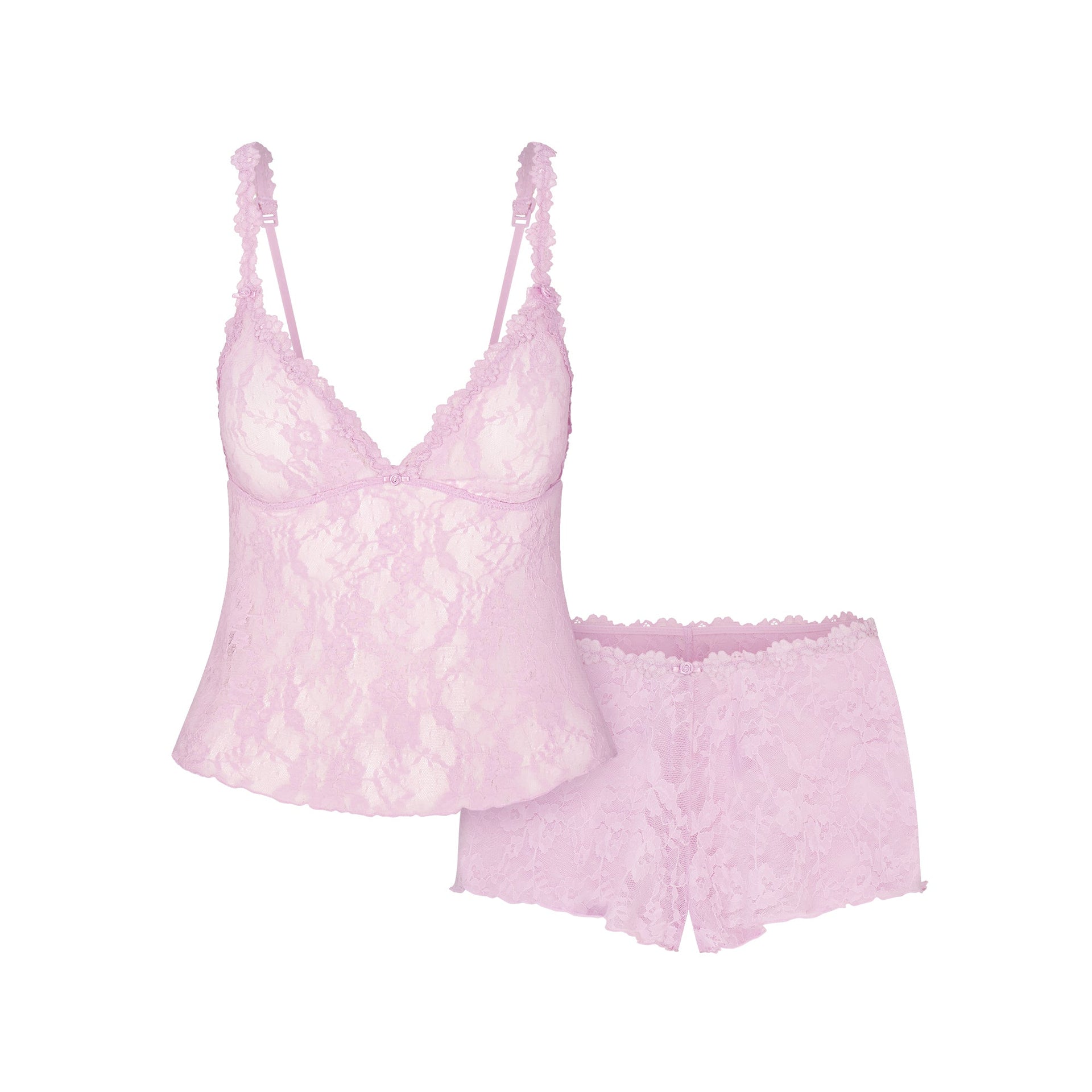 STRETCH LACE TRIANGLE CAMI AND SHORT SET | BABY PINK