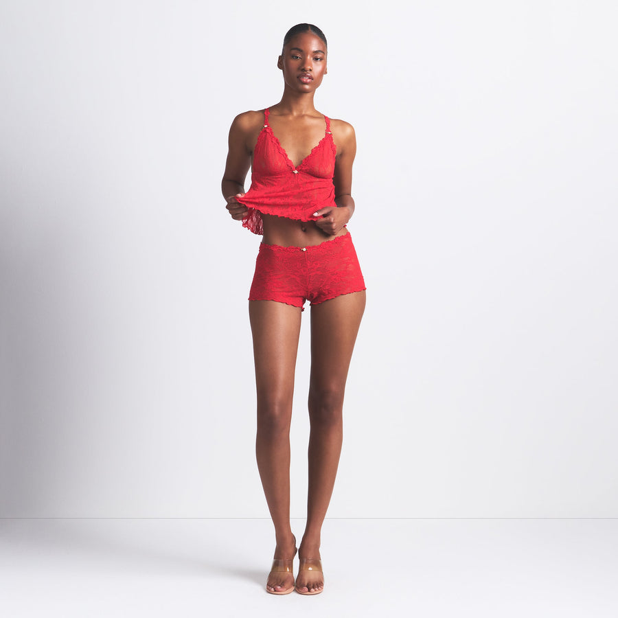 STRETCH LACE TRIANGLE CAMI AND SHORT SET | RED