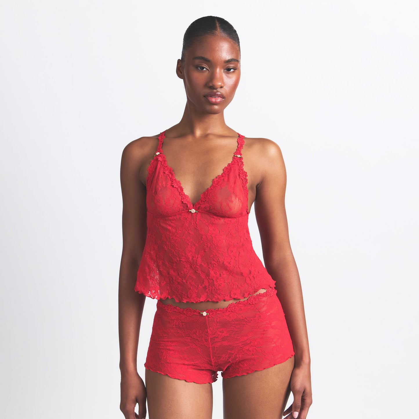 STRETCH LACE TRIANGLE CAMI AND SHORT SET | RED