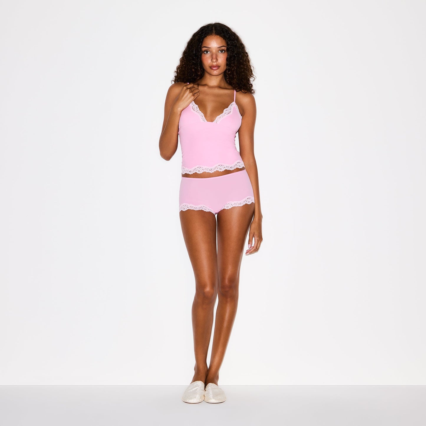 FITS EVERYBODY LACE TRIANGLE CAMI AND BOY SHORT SET | BUBBLEGUM TONAL