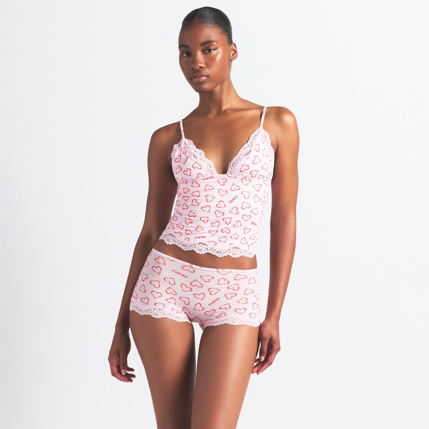 FITS EVERYBODY LACE TRIANGLE CAMI AND BOY SHORT SET | CHERRY BLOSSOM CANDY HEART PRINT
