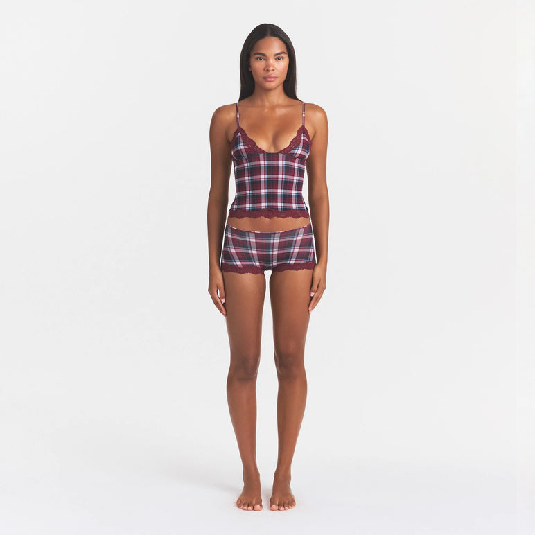 FITS EVERYBODY LACE TRIANGLE CAMI AND BOY SHORT SET | DARK CARDINAL QUARTZ PLAID