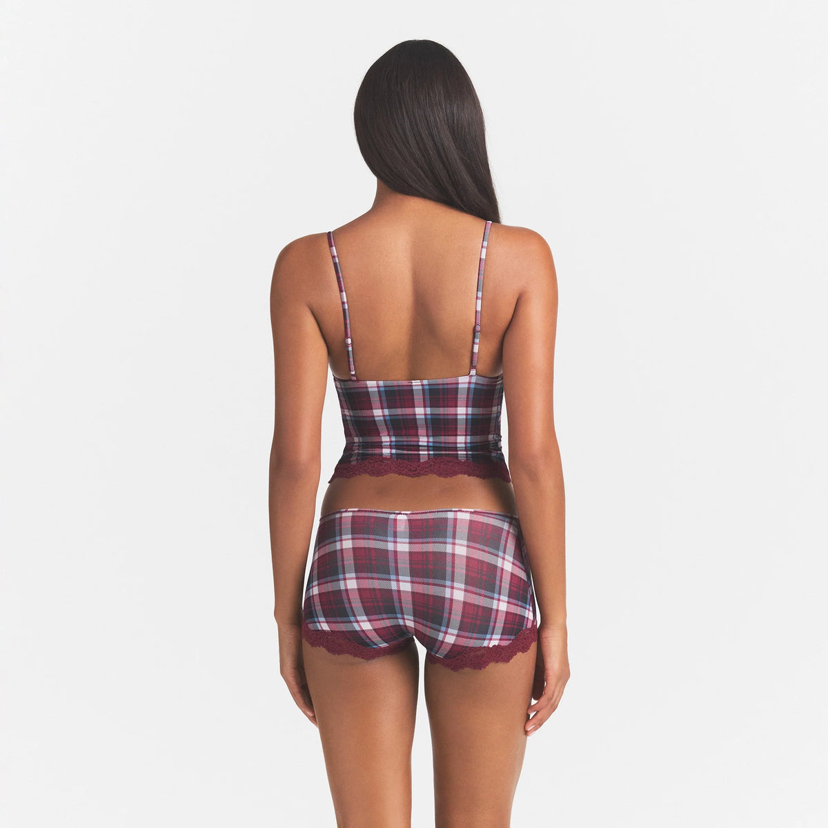 FITS EVERYBODY LACE TRIANGLE CAMI AND BOY SHORT SET | DARK CARDINAL QUARTZ PLAID